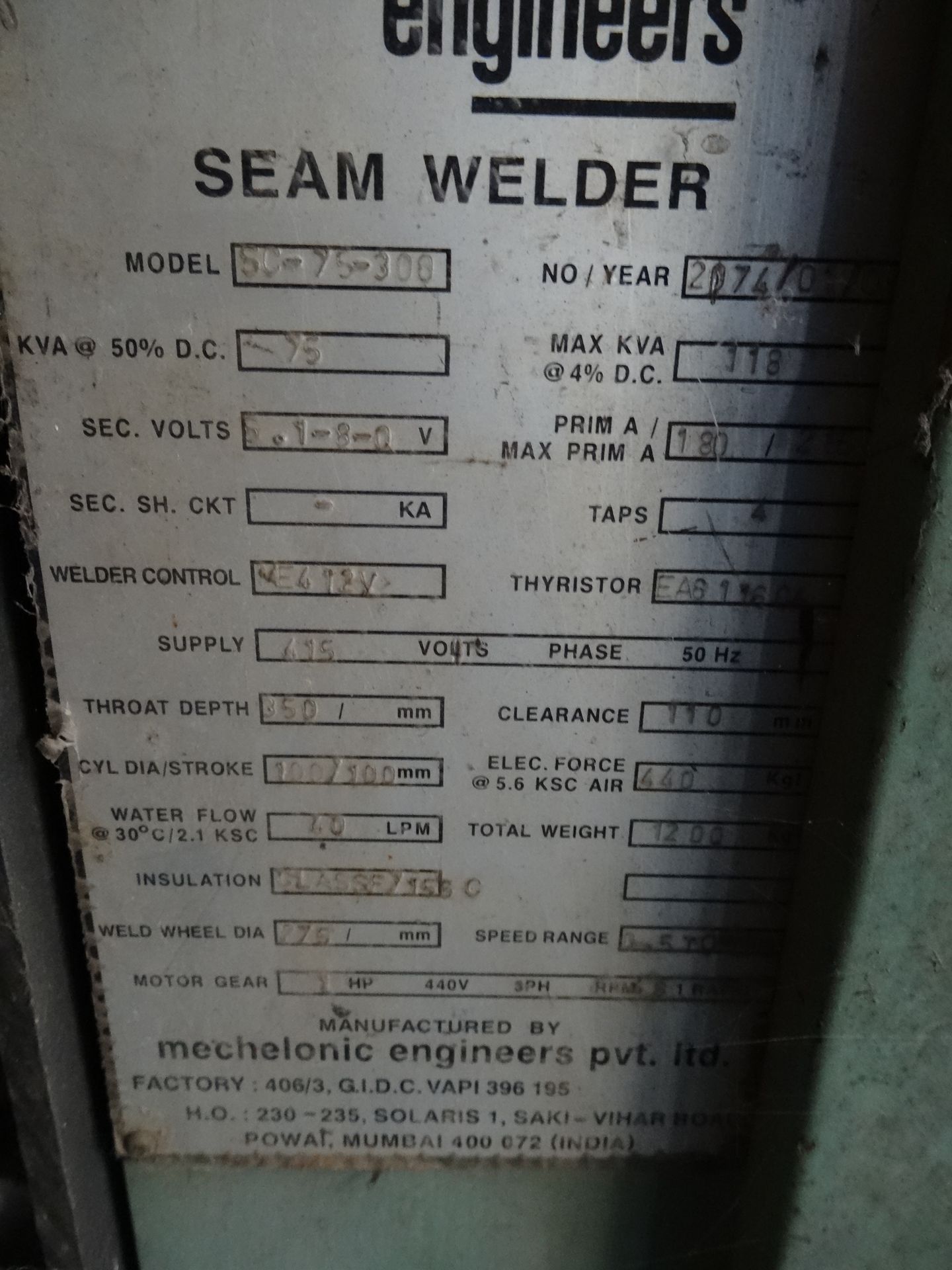 2001 MECHELONIC ENGINEERS SC-75-300 Seam Welder, s/n 2074, 75 KVA, 350 MM Throat Depth (Nagpur) - Image 2 of 2