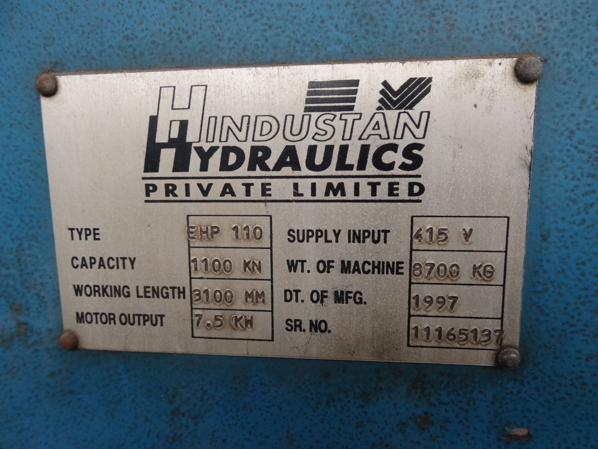 1997 HINDUSTAN HYDRAULICS EPH 110 110 Ton Hydraulic Press Brake, s/n 11165137, 3100 MM Bed Length ( - Image 3 of 3
