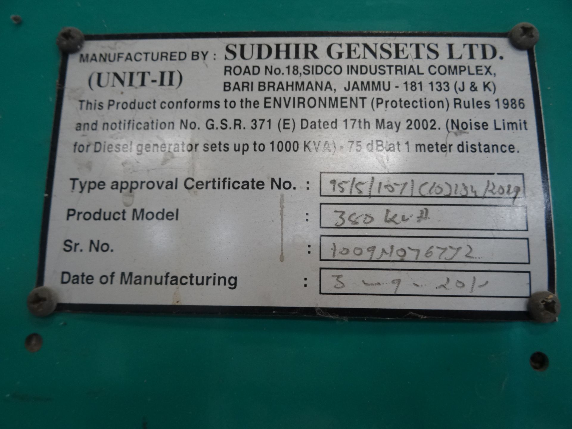 SUDHIR CS380D5P Generator, s/n 100911076772, Cummins Engine (Nalagarh) - Image 10 of 10