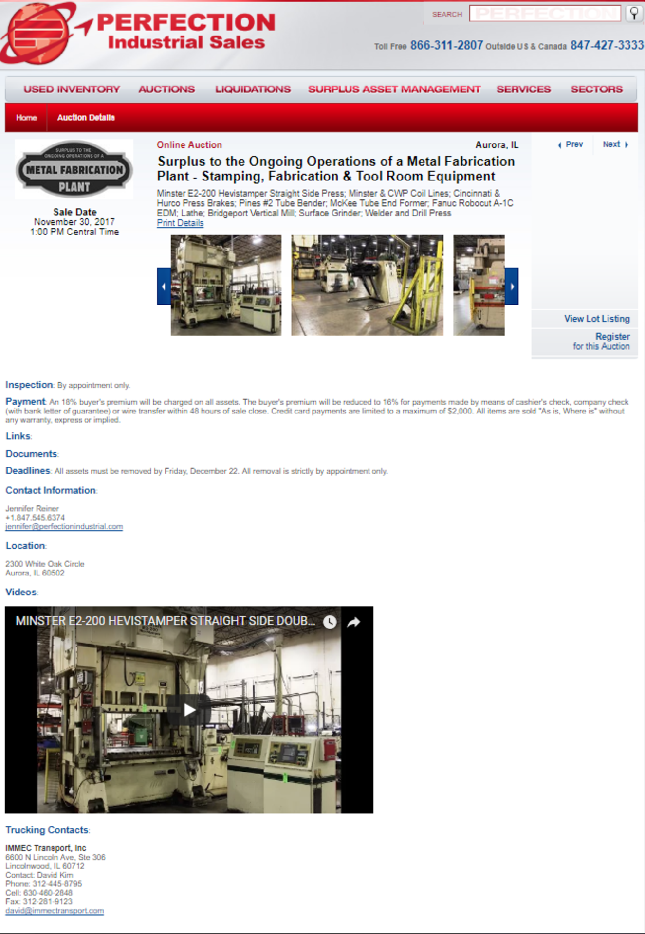 *** THIS AUCTION IS BEING CONDUCTED ON PERFECTION INDUSTRIAL'S WEBSITE ***