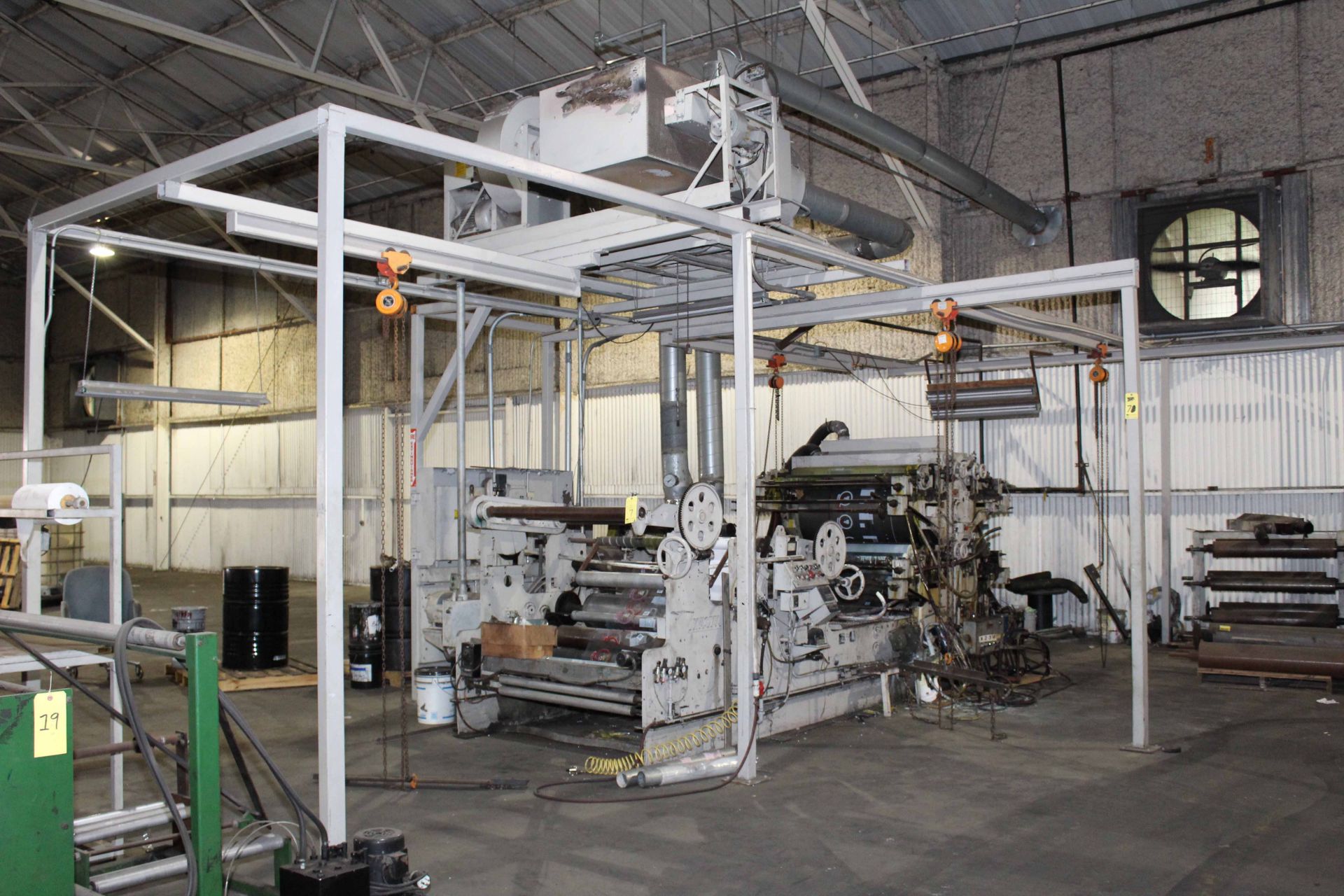 CI FLEXOGRAPHIC PRINTING PRESS, FAUSTEL MDL. E41-II, 44"W. cap., 4-color, fume exhaust blower