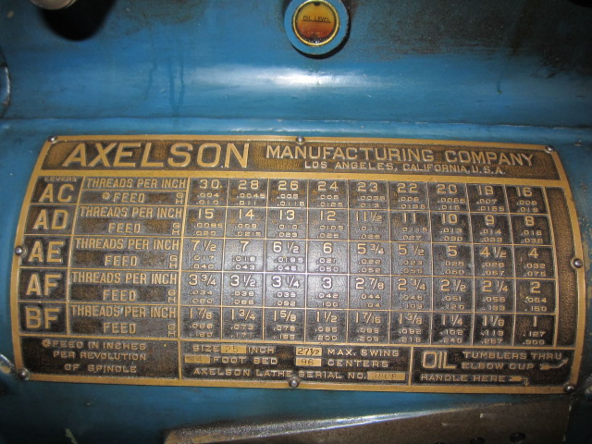 ENGINE LATHE, AXELSON 27-1/2" X 96", spds: 20-300 RPM, 2-axis D.R.O., 16" dia. 3-jaw chuck, (4) - Image 5 of 7
