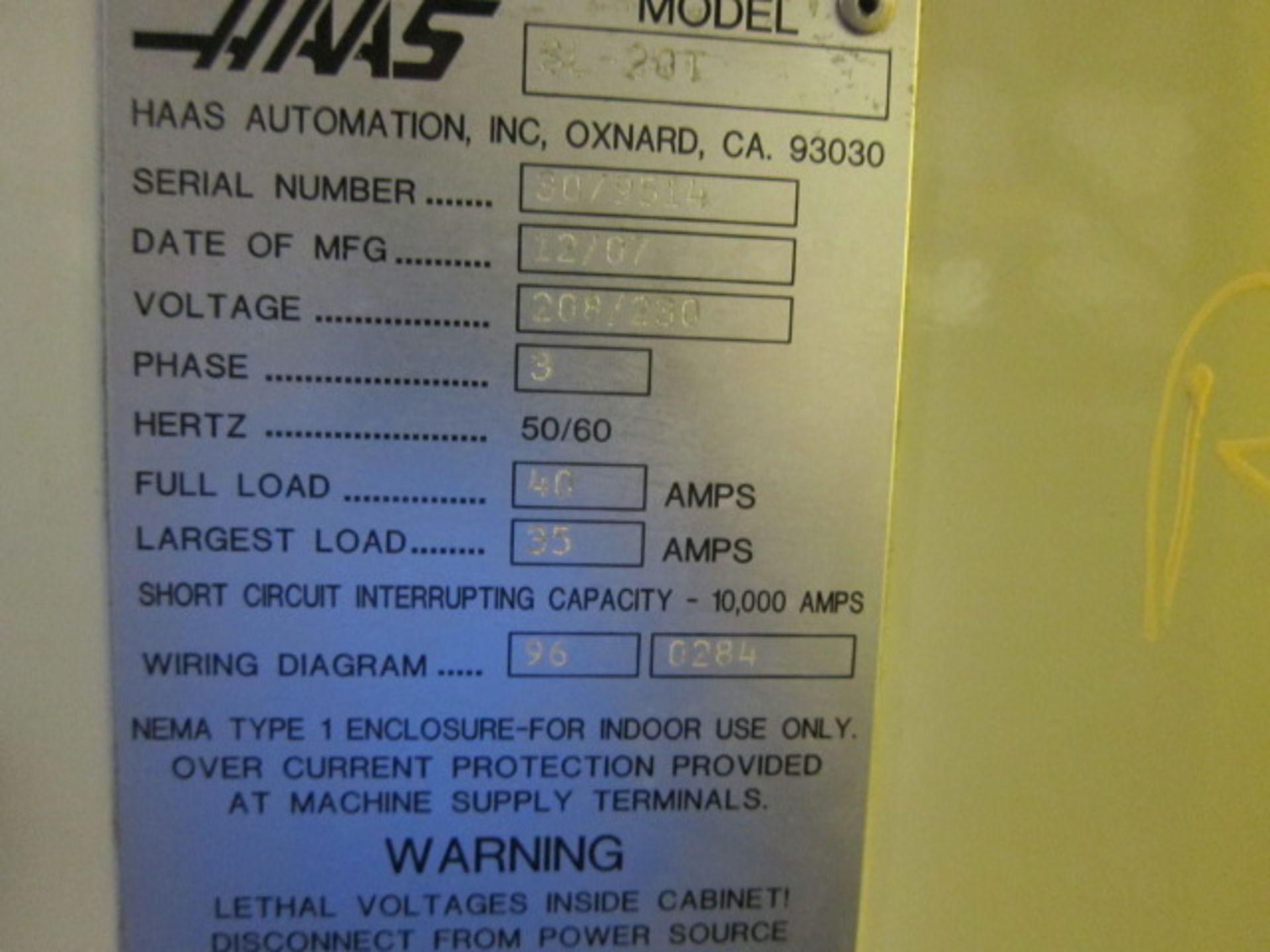 CNC LATHE, HAAS MDL. SL20T, new 12/2007, 23” sw. over apron, 9.5” sw. over crosslide, 10.3” - Image 8 of 8