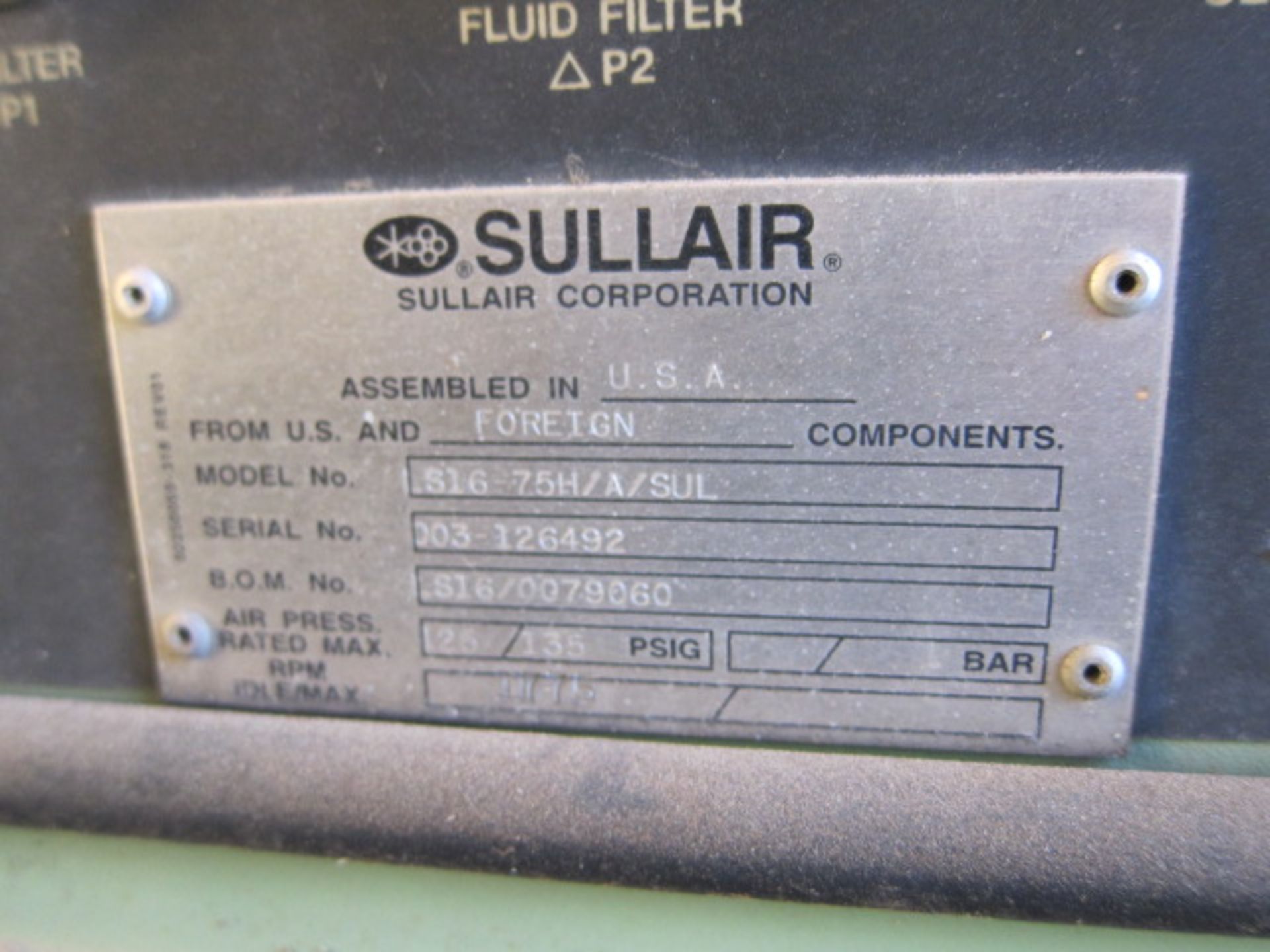 ROTARY SCREW AIR COMPRESSOR, SULLAIR MDL. LS16-75H/A/SUL, 75 HP drive motor, air cooled, skid - Image 4 of 4