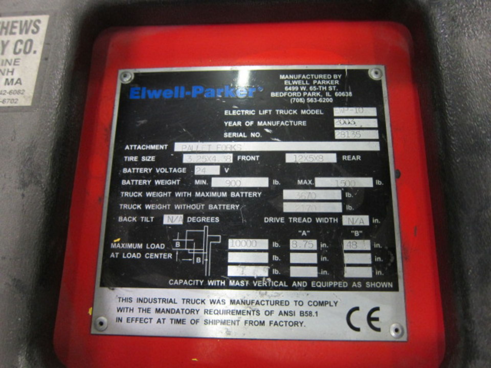 ELECTRIC LIFT TRUCK, ELWELL-PARKER 10,000 LB. CAP. MDL. EWP-10, new 2003, 8' forks, w/charger, S/N - Image 3 of 3