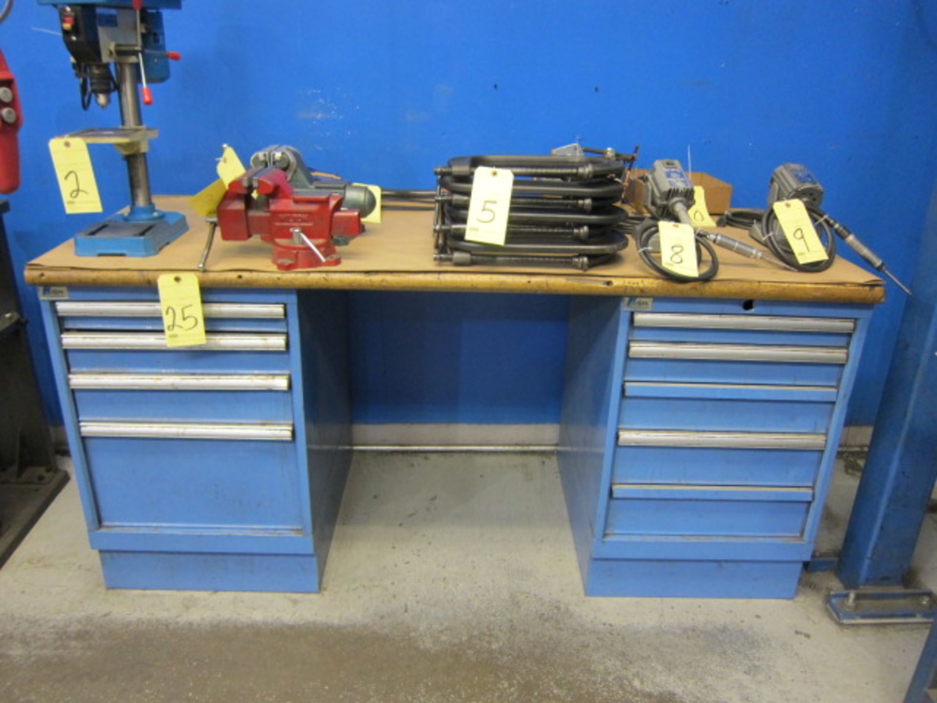 WORKBENCH, LISTA, 72" x 30" oak top, dbl. roller drawer pedestal (not to be removed until contents