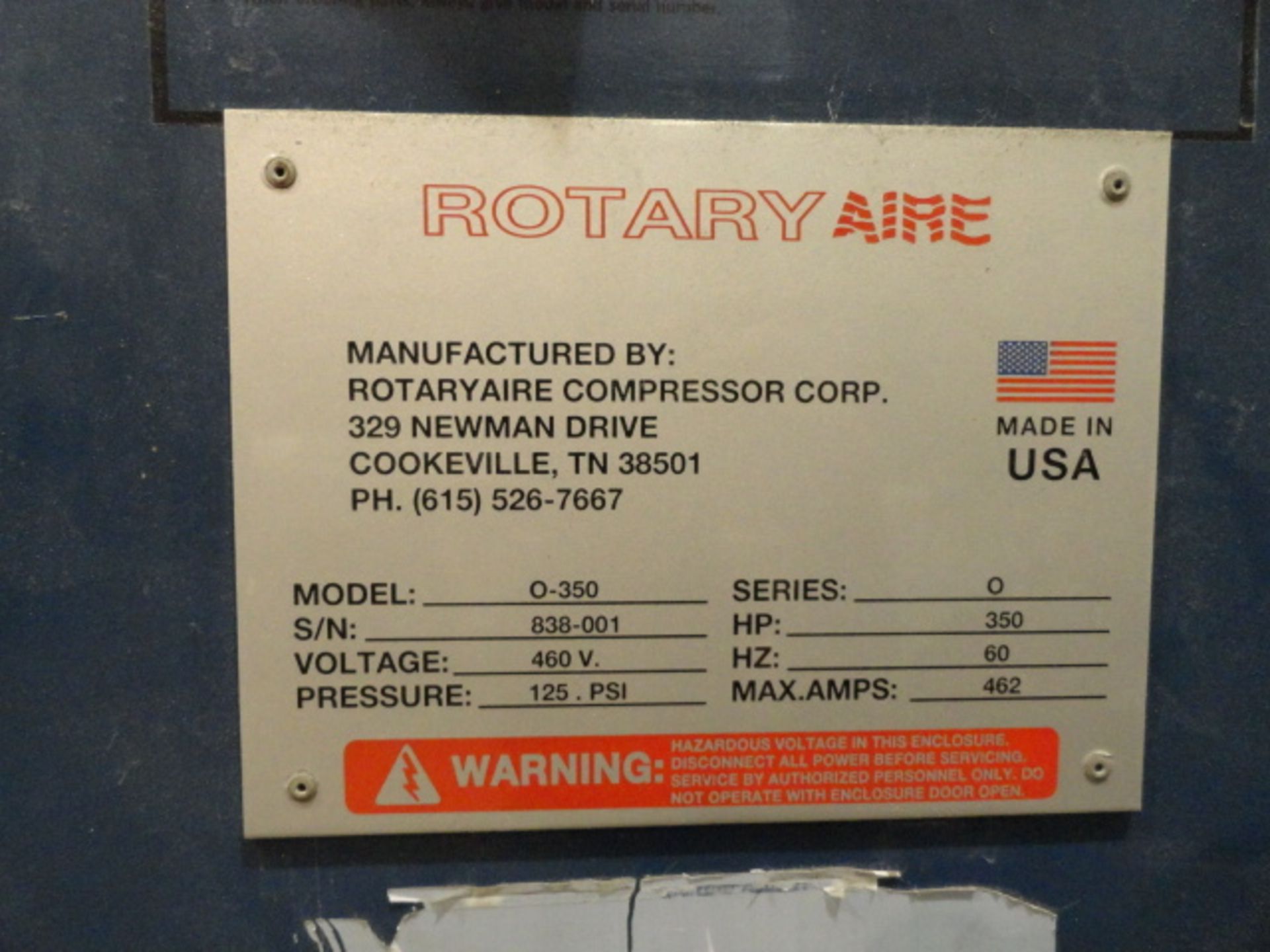 ROTARY SCREW AIR COMPRESSOR, ROTARY AIRE OIL FREE AIR END MDL. 0-350, new 1996, 600 CFM, 125 PSI, - Image 5 of 6
