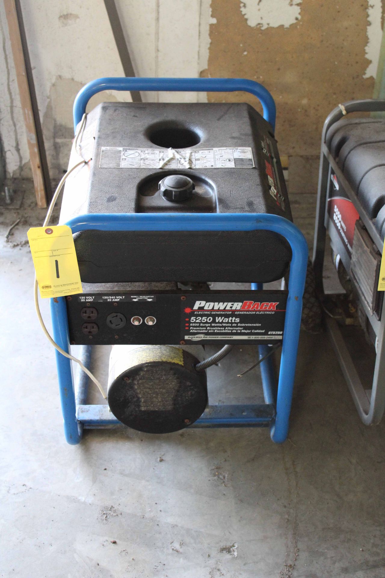 PORTABLE GENERATOR, POWERBACK, 5,250 watt, gasoline pwrd.