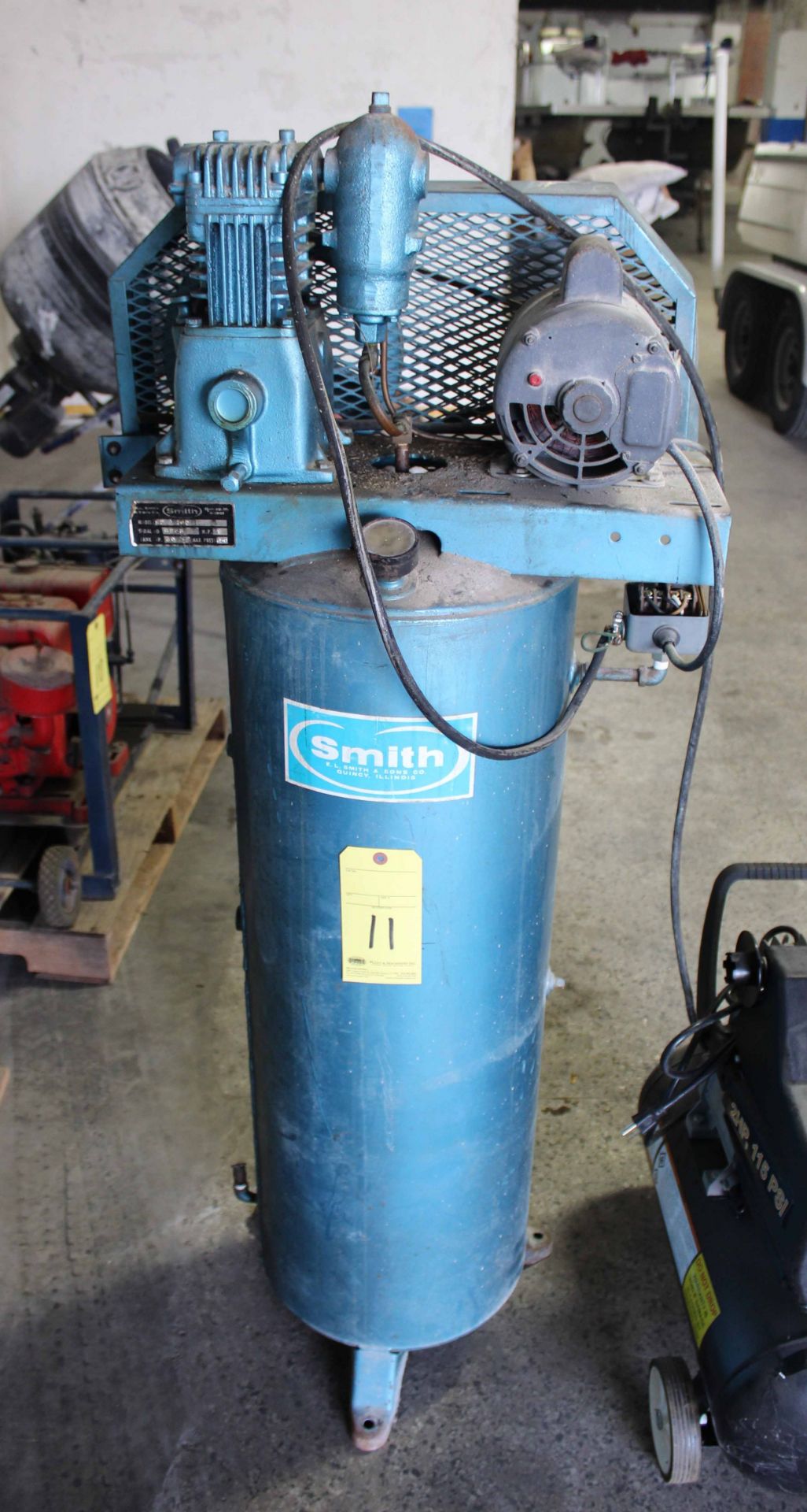 AIR COMPRESSOR, E.L. SMITH MDL. 82A-100, elec. pwrd., 1 HP motor, 30 gal. vert. tank