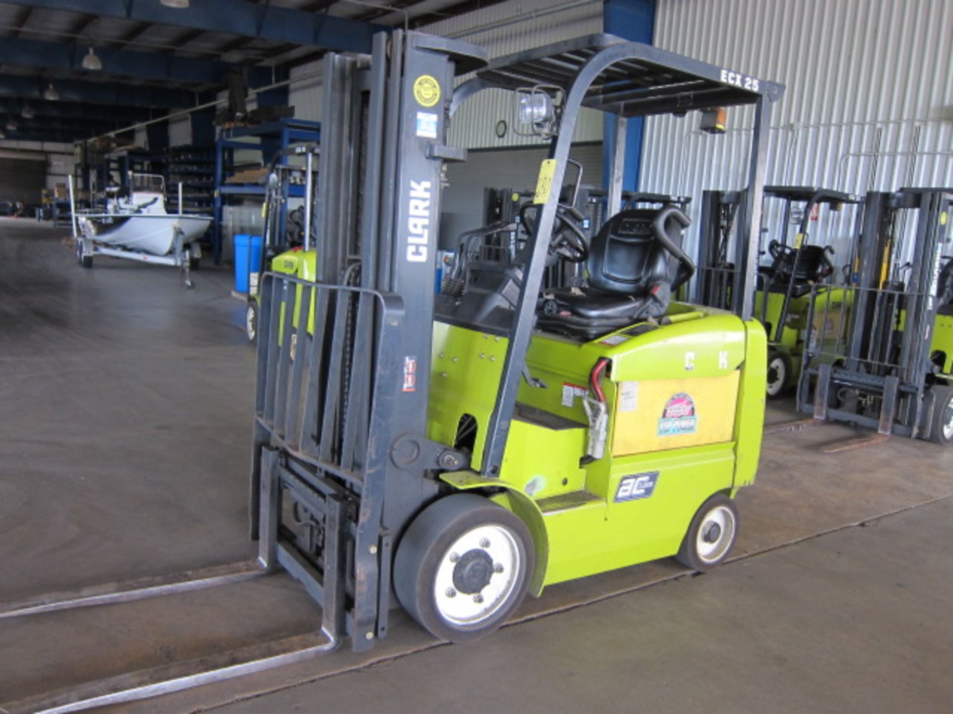 ELECTRIC FORKLIFT, CLARK 4,800 LB. CAP. MDL. ECX-25, 4,800 lb. @ 24” L.C., 189” max. lift, 42”