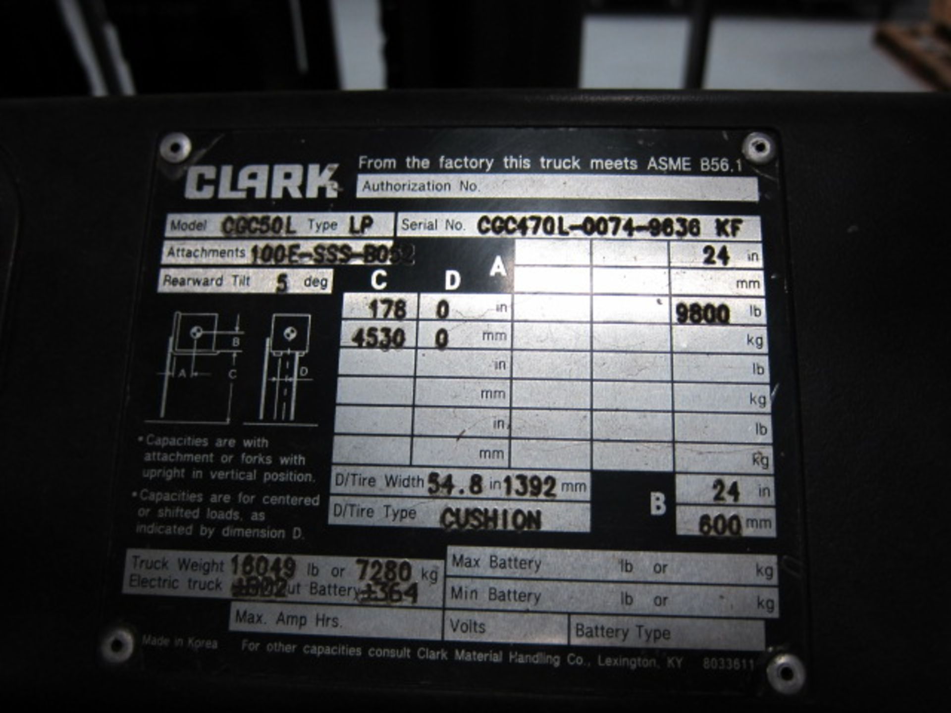 FORKLIFT, CLARK 10,000 LB. CAP. MDL. CGC50L, LPG, 9,800 lb. @ 24” L.C. as equipped, 178” max. lift - Image 8 of 8