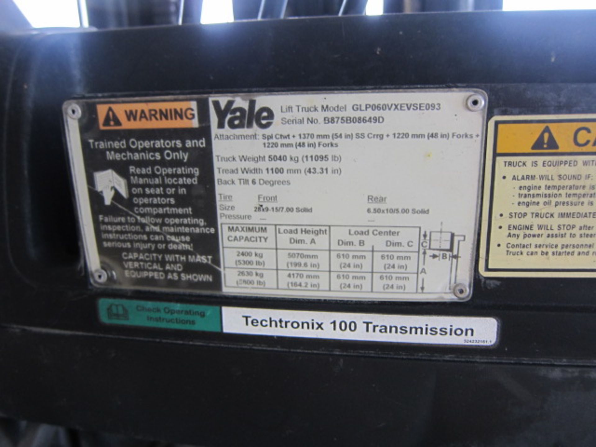 FORKLIFT, YALE 6,000 LB. CAP. MDL. GLP060VXEVSE093, new 2006, LPG, 93” triple stage mast, 199” - Image 5 of 7