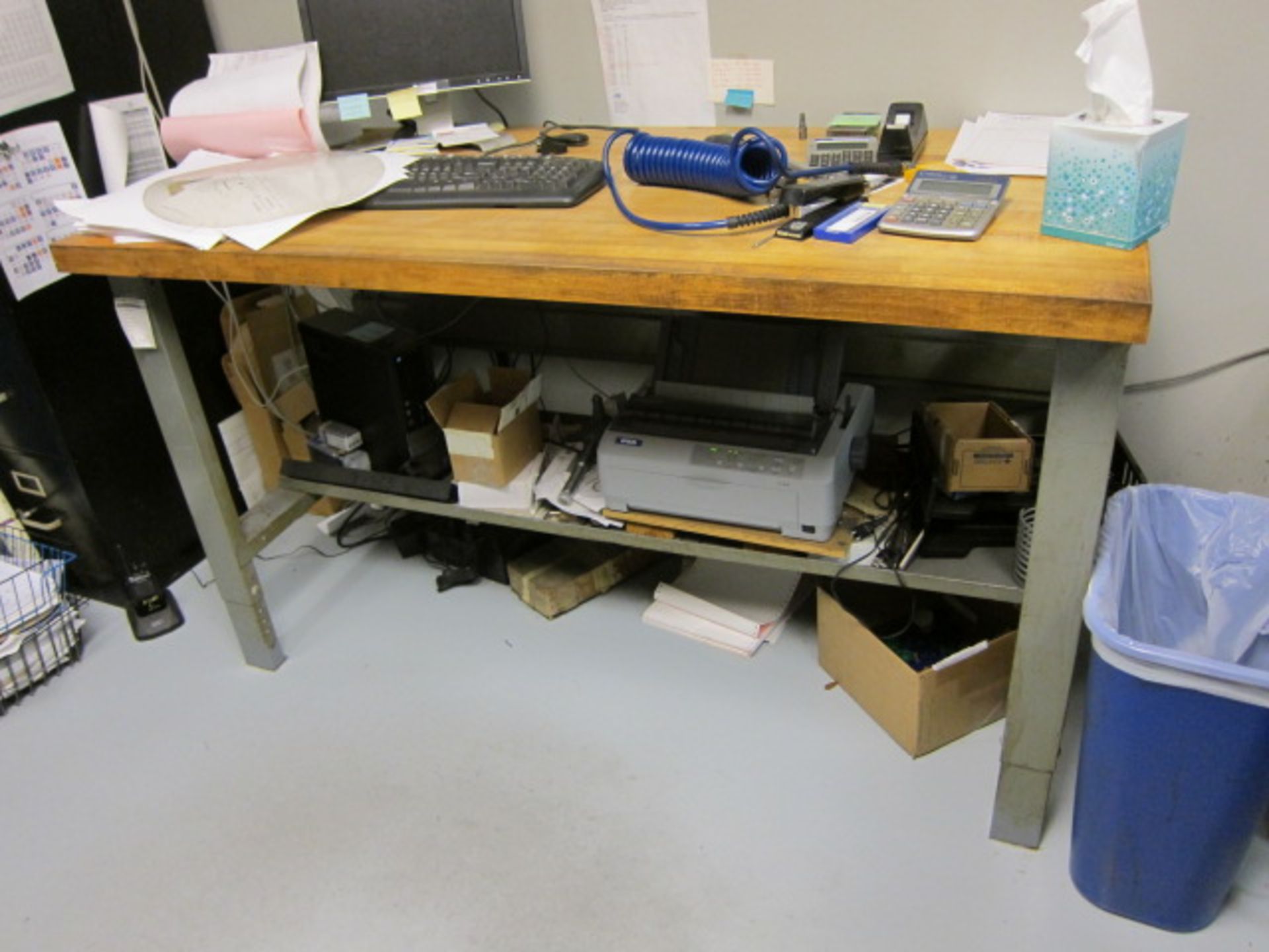 LOT CONSISTING OF: workbench, table, steel shelf, assorted file cabinets (7)