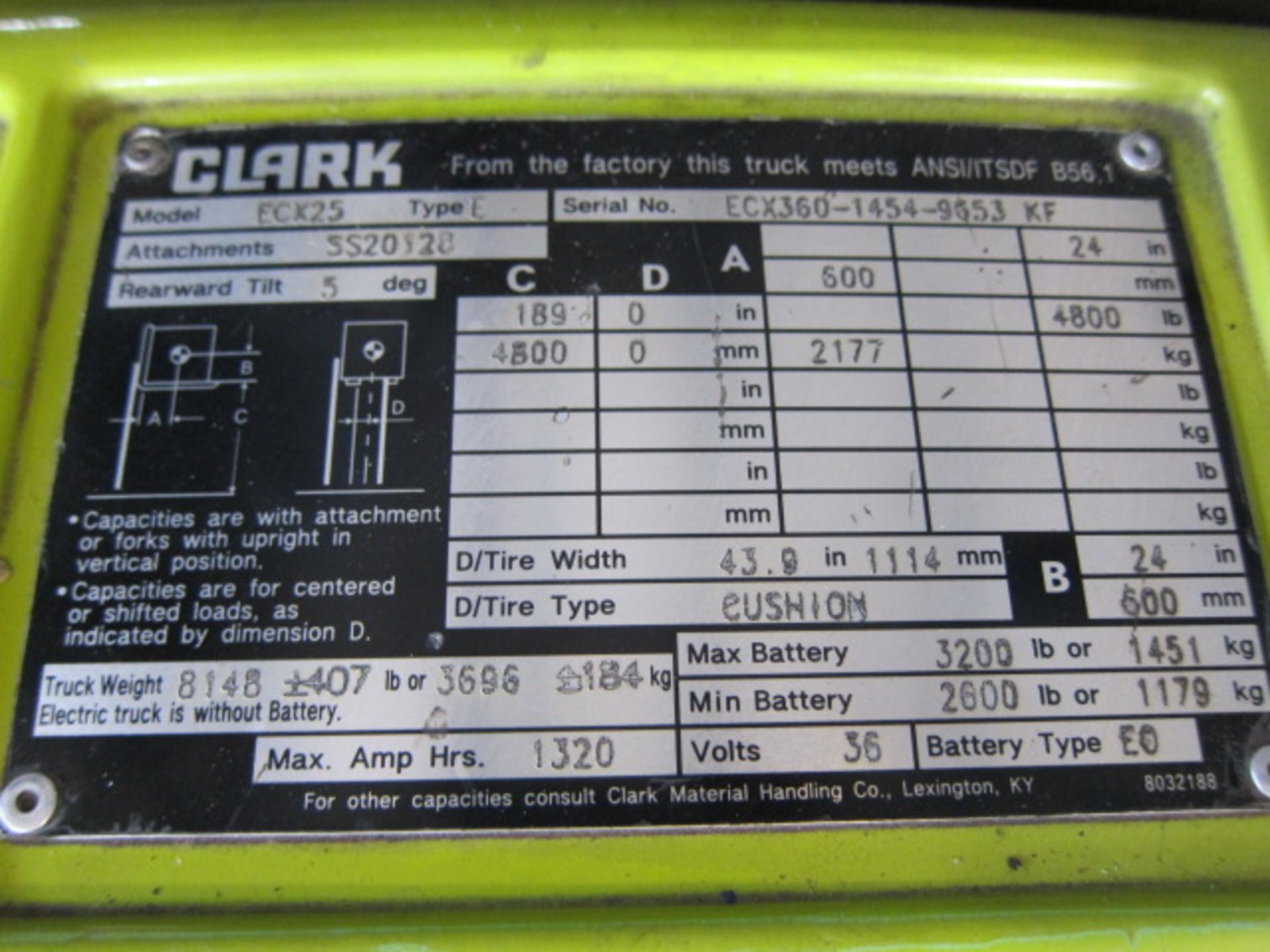 ELECTRIC FORKLIFT, CLARK 4,800 LB. CAP. MDL. ECX-25, 4,800 lb. @ 24” L.C., 189” max. lift, 42” - Image 6 of 7