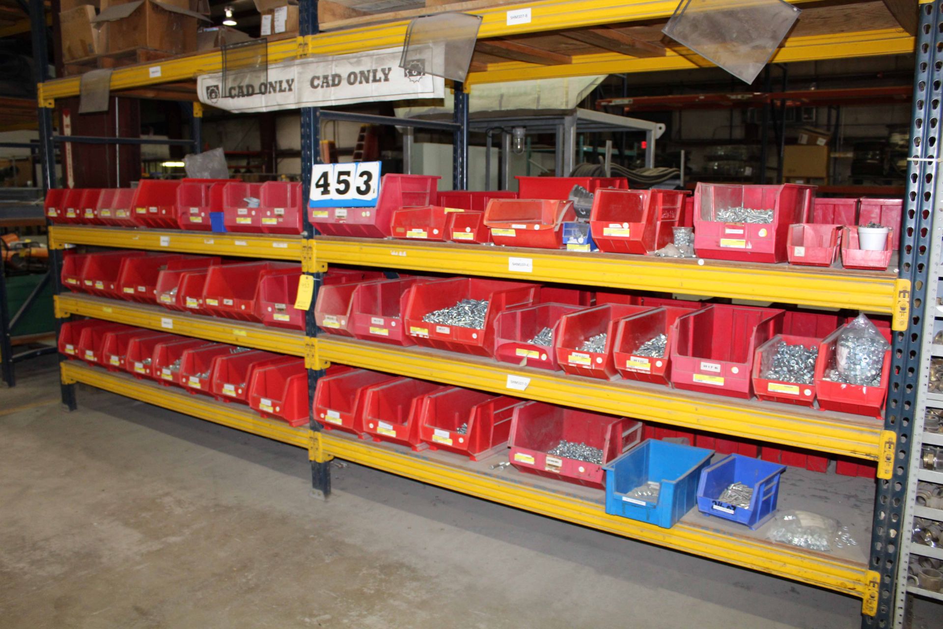 LOT CONTENTS OF PALLET RACKING SECTIONS (2), stainless and CAD nuts & bolts (red containers)