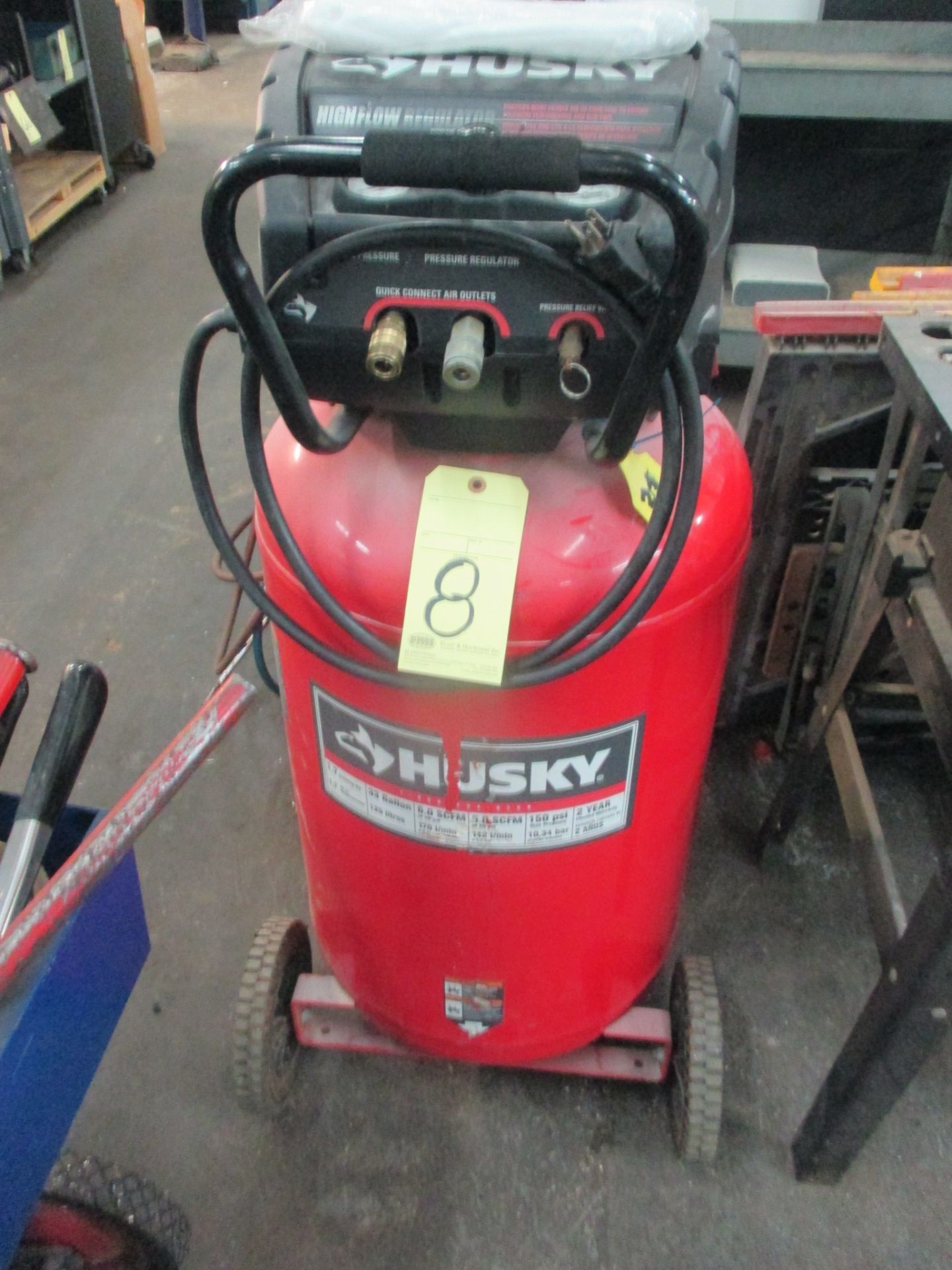 PORTABLE AIR COMPRESSOR, HUSKY, 33 gal. vert. tank, 5 SCFM @ 90 PSI, roller cart base