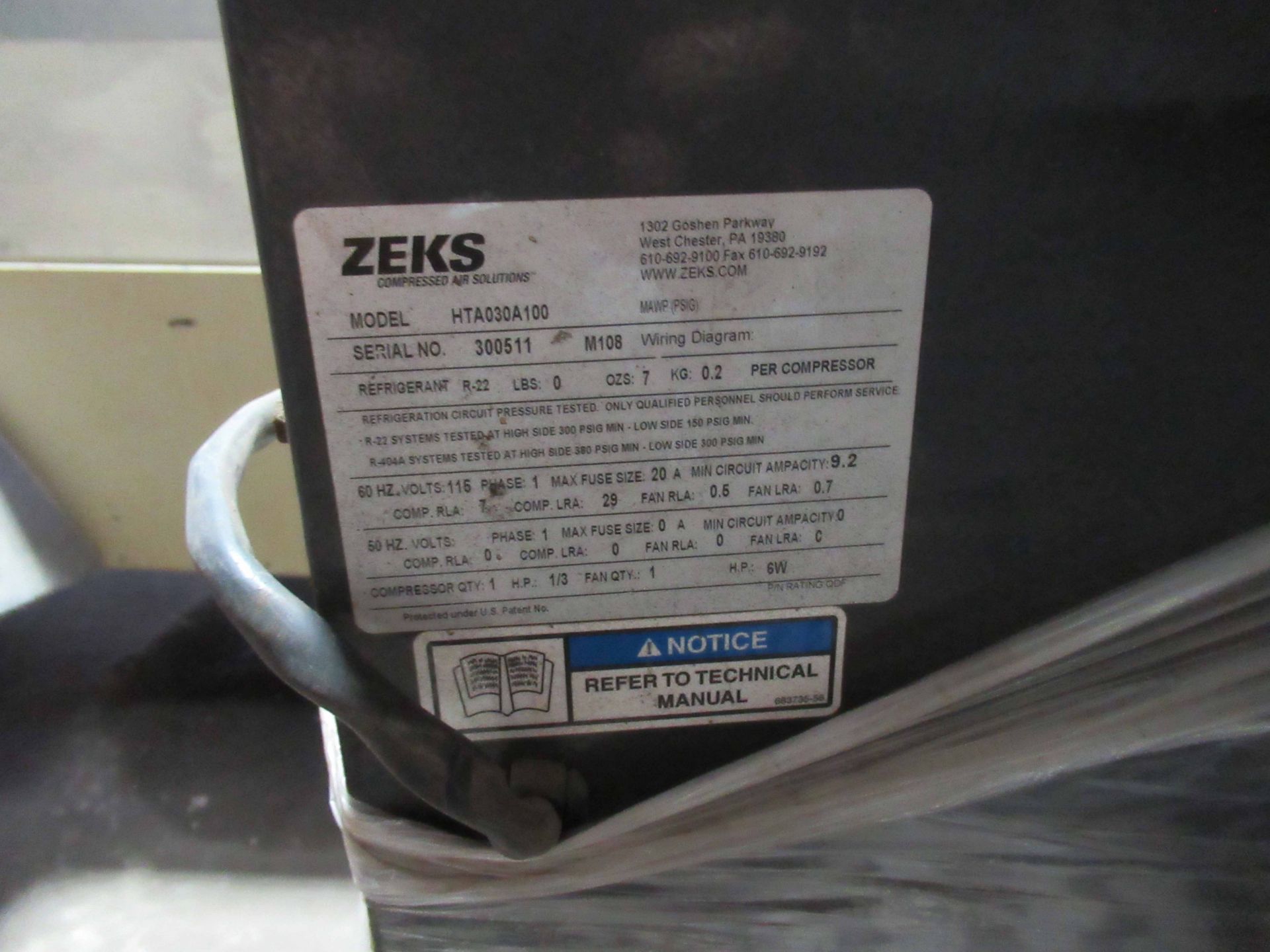 ZEKS MDL. HTA030A100 AIR COMPRESSOR, R22 refrigerant. Seller will load for an additional charge. - Image 2 of 2