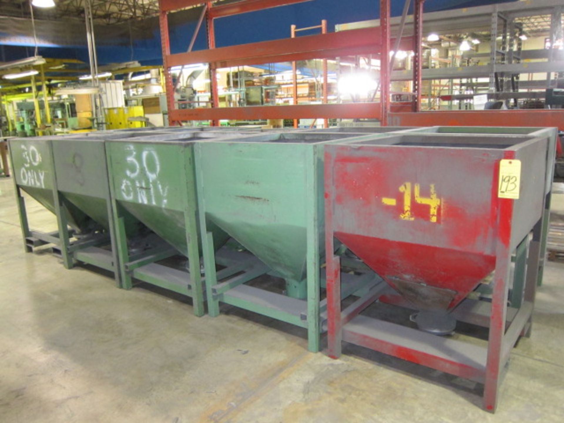 LOT OF (10) CONE BOTTOM POWDER HOPPERS, 3,000 lb. cap., forklift entry, stacking design.