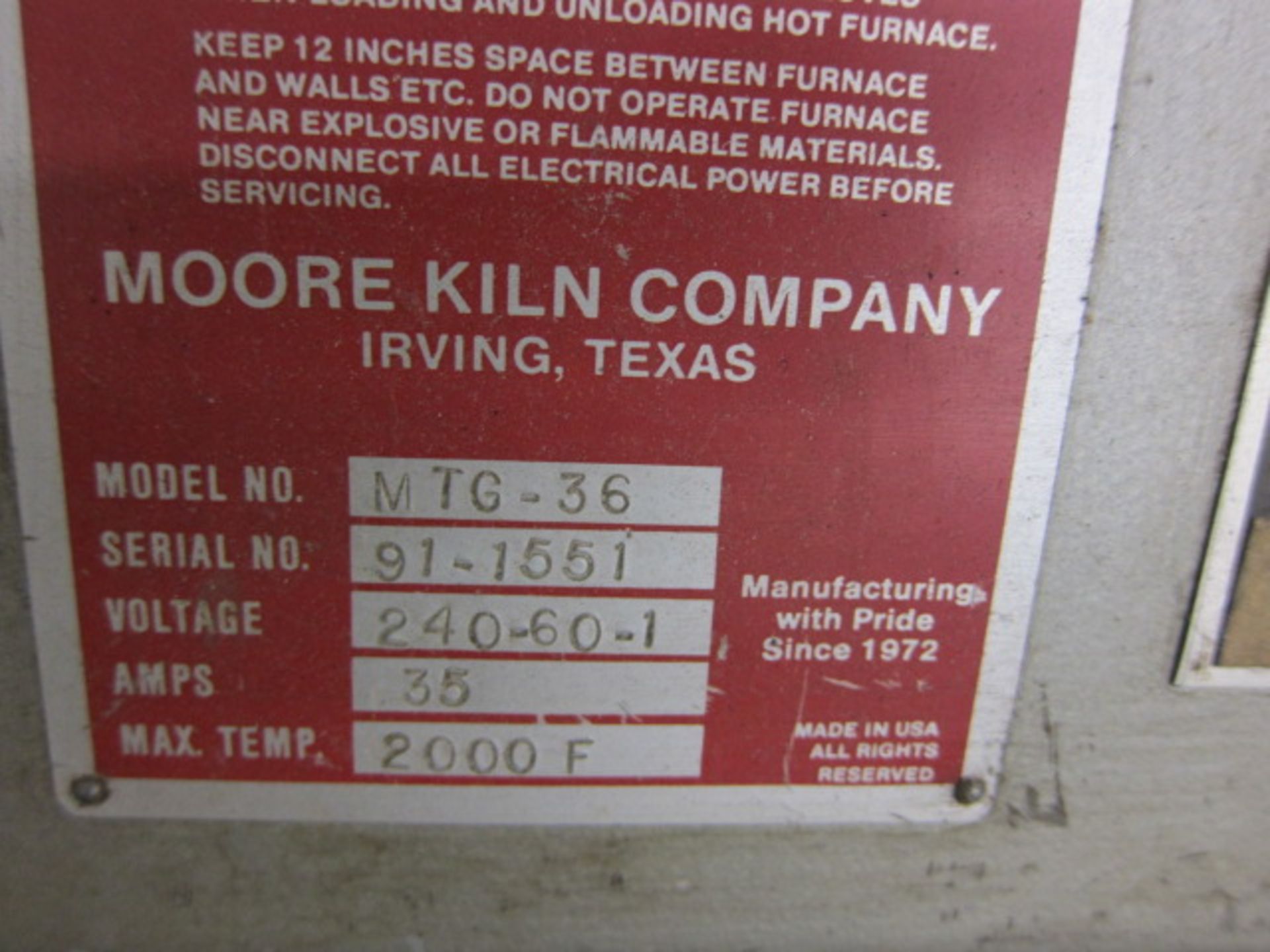 OVEN, MOORE KILN MDL. MTG-36, 240 v. sgl. phase, 35 amps, 2,000 deg. F. max. temp, S/N 91-1551 - Image 3 of 3