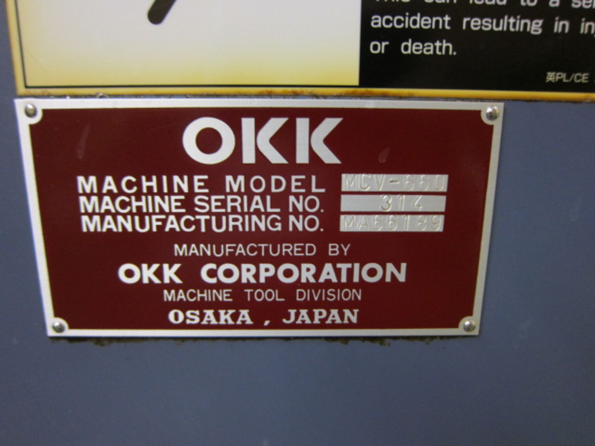 CNC VERTICAL MACHINING CENTER, OKK MDL. MCV-660, OKK CNC control, 26” x 67” table, 59” X-axis - Image 10 of 12