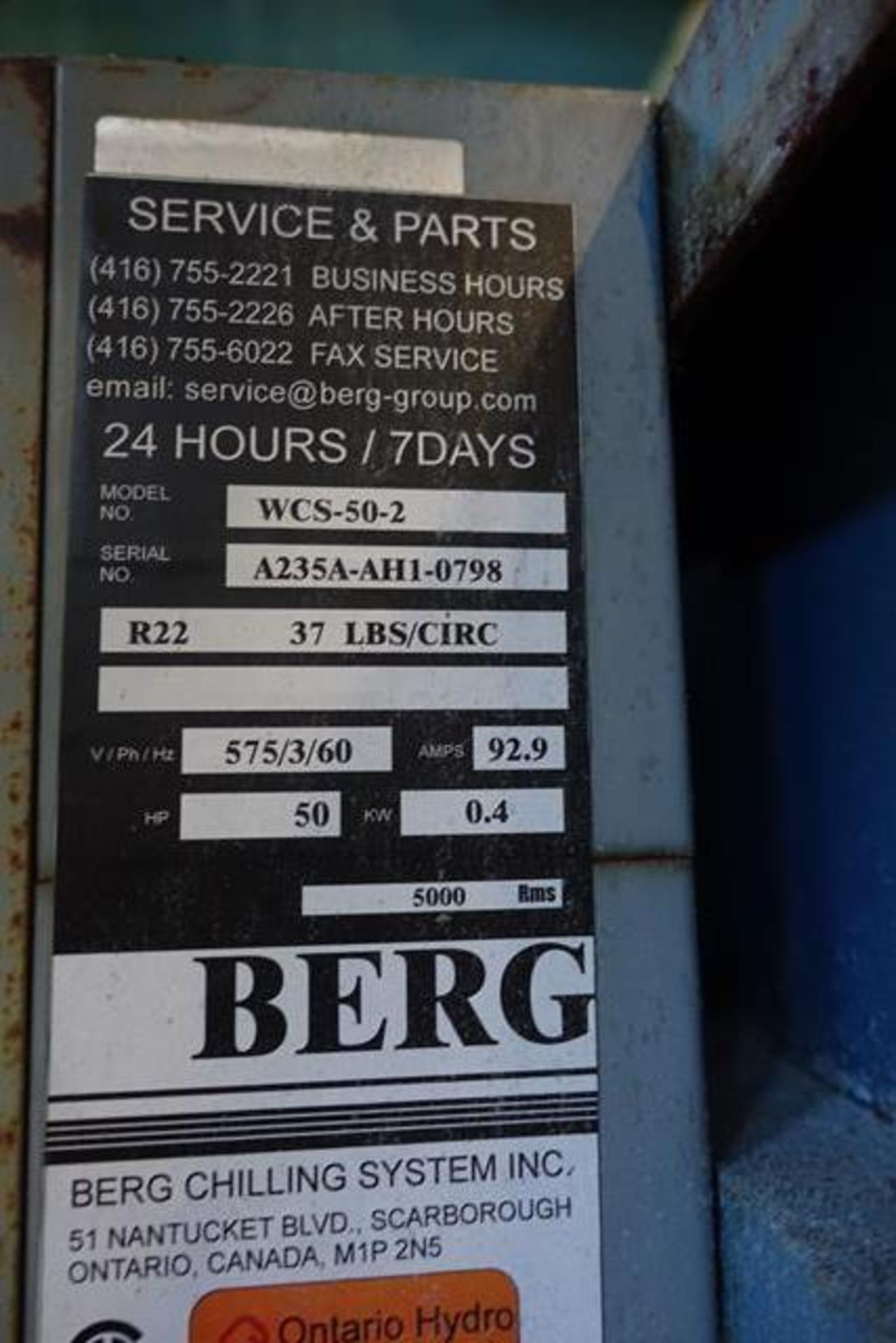 BERG, WCS-50-S, 50 HP, CHILLER WITH PUMP TANK SET, S/N A235A-AIII-0798, (RIGGING $980) - Image 3 of 6