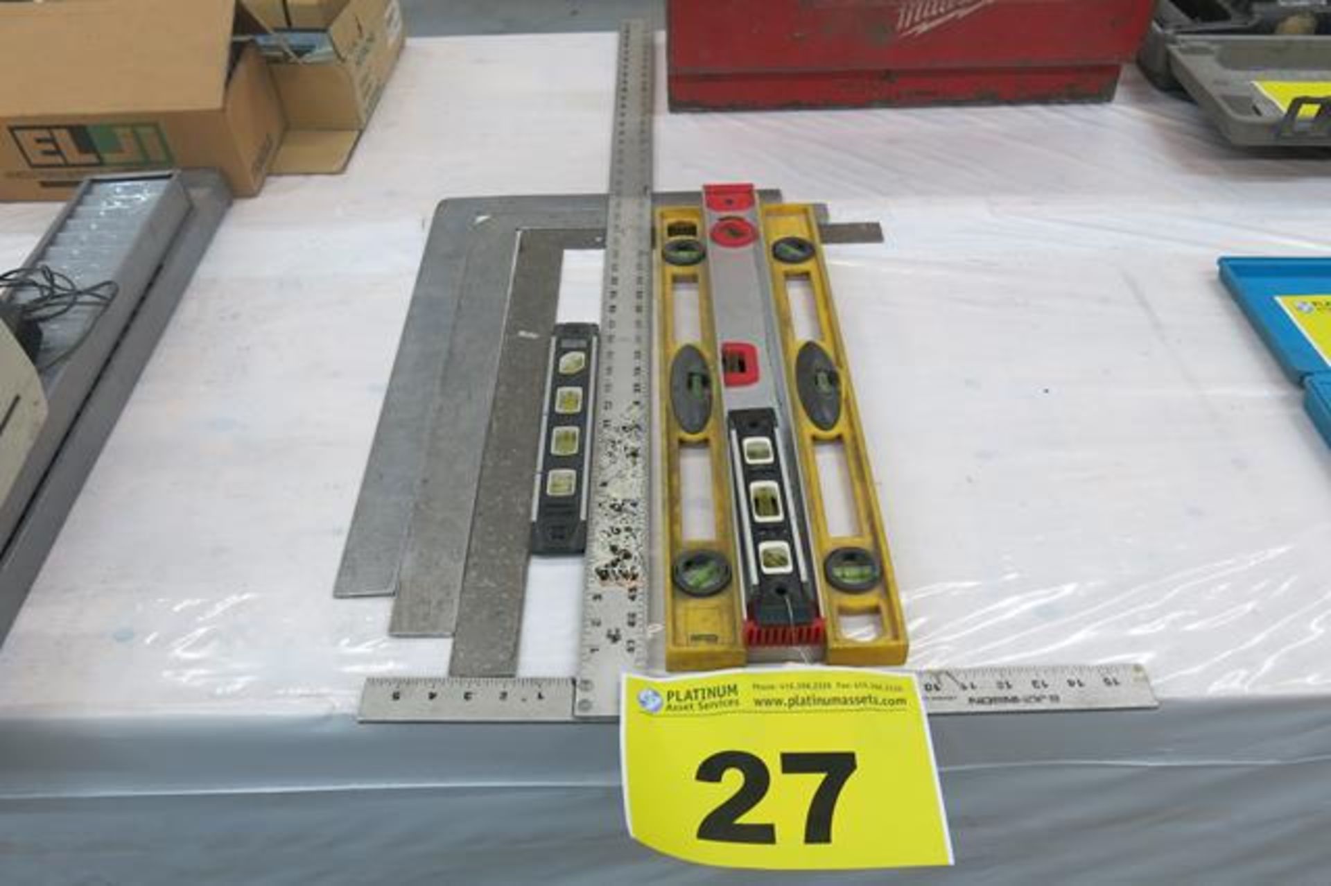 LOT OF LEVELS, RIGHT ANGLES AND MEASURING TOOLS