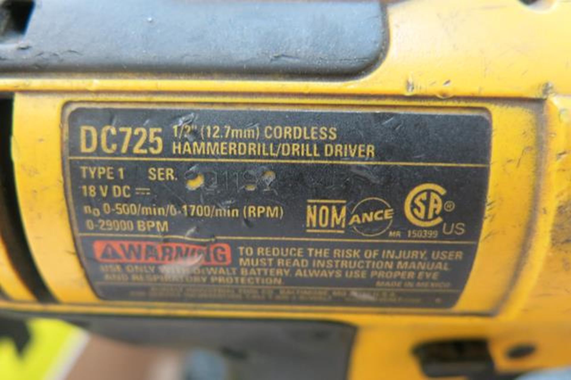 DEWALT, DC725, 1/2", CORDLESS, HAMMER DRILL - Image 3 of 3