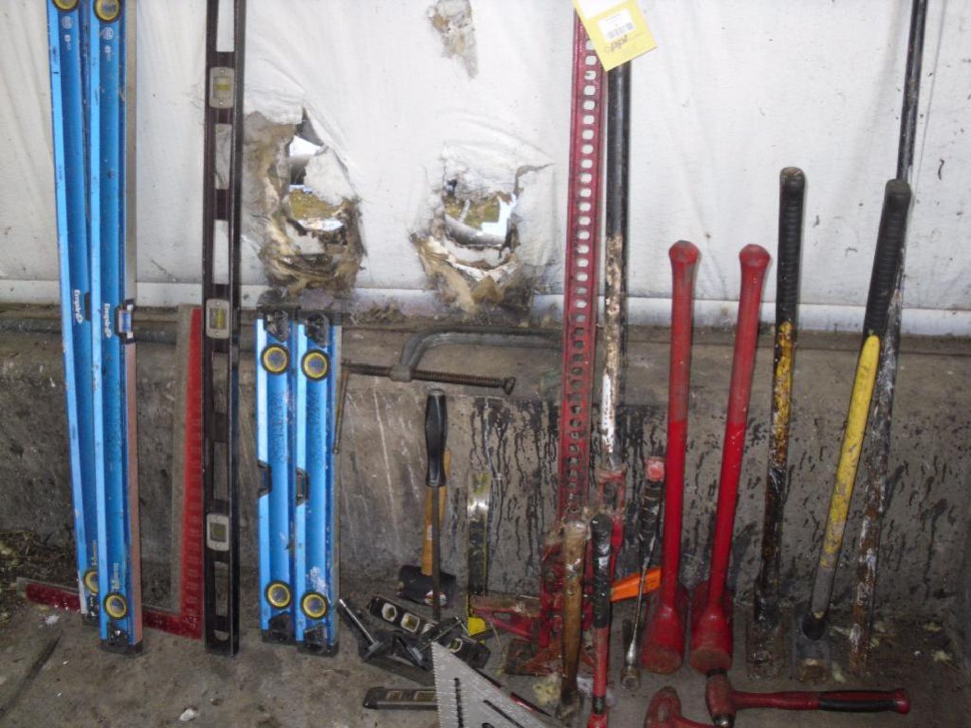 LOT: Assorted Hammers & Mallets, Squares, Levels, Pry Bars & Jack