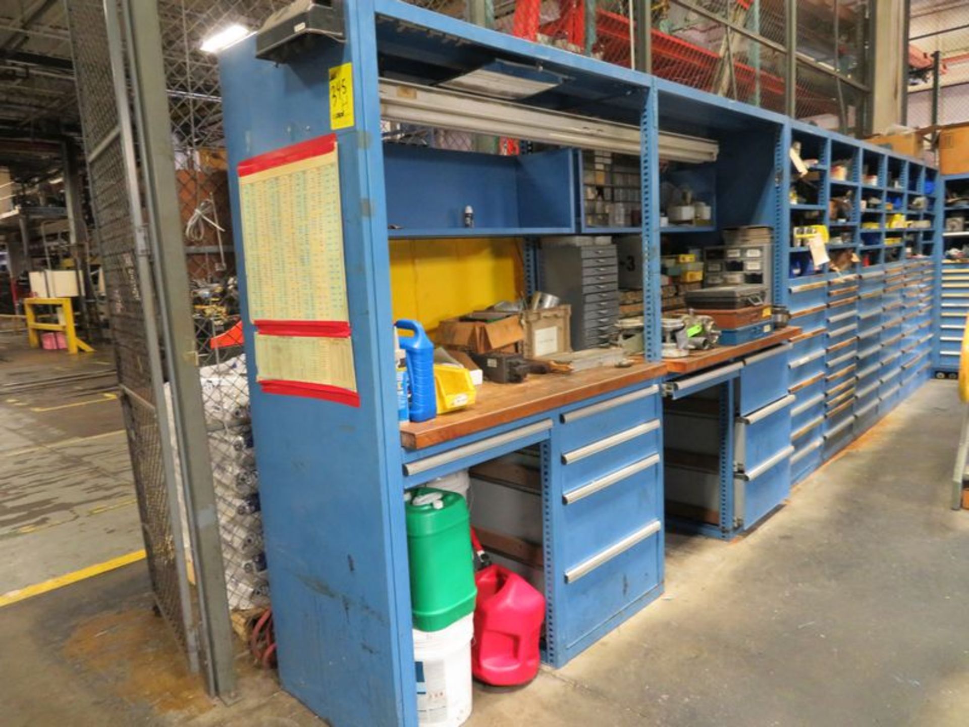 LOT: (8) Sections Shelving/Cabinets & Benches in (1) Row