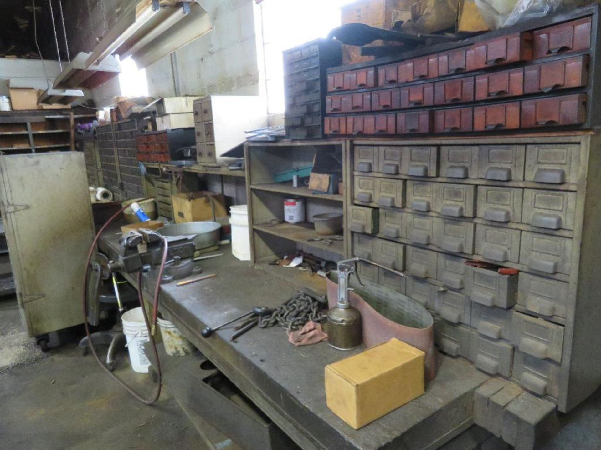 LOT: Work Bench, Cabinets & Shelving Unit with 6 in. Wilton Vise & Assorted Hardware
