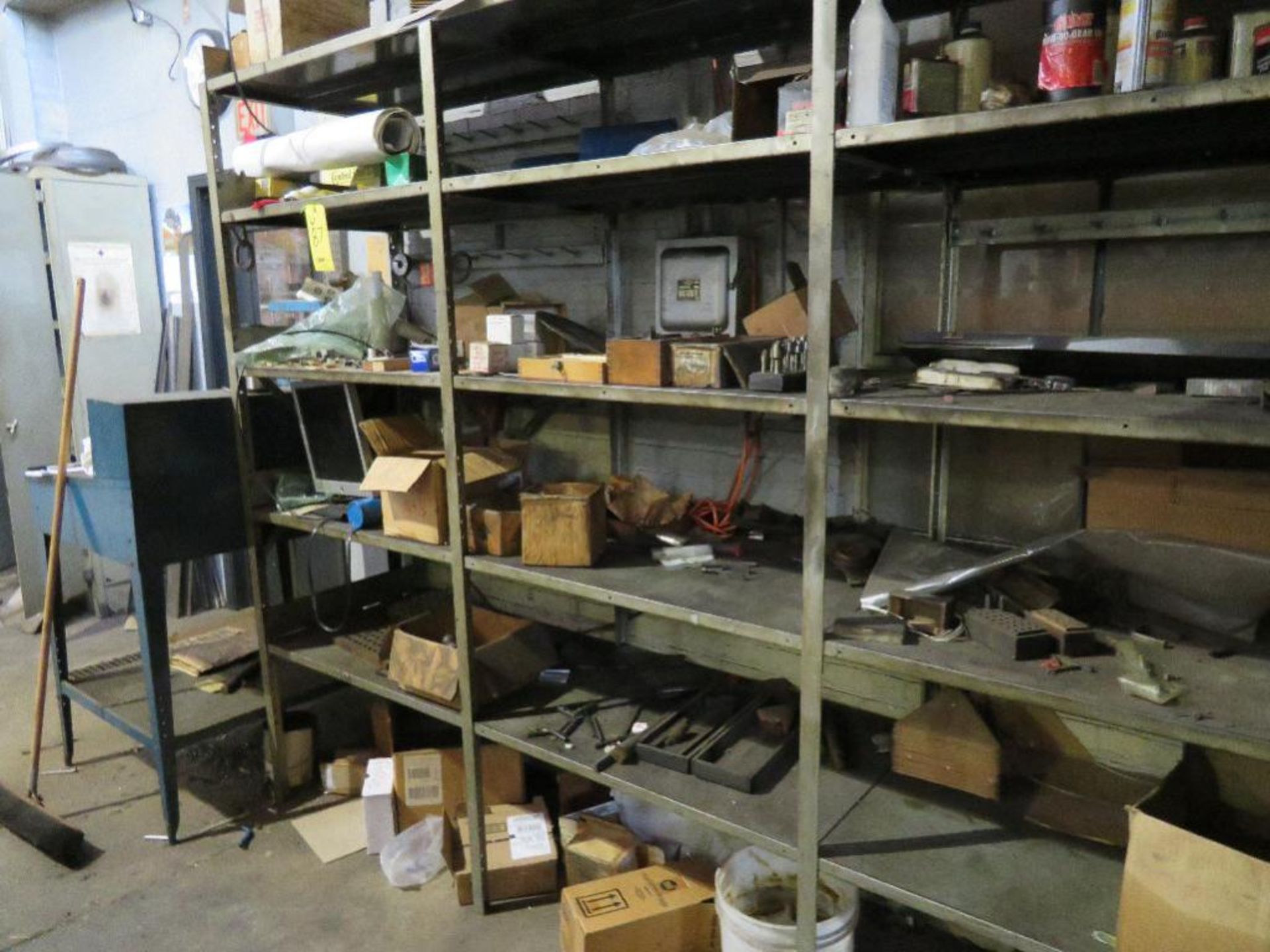 LOT: Steel Shelving Units & Cabinet with Contents of Taper Shank Drill Bits & Misc.