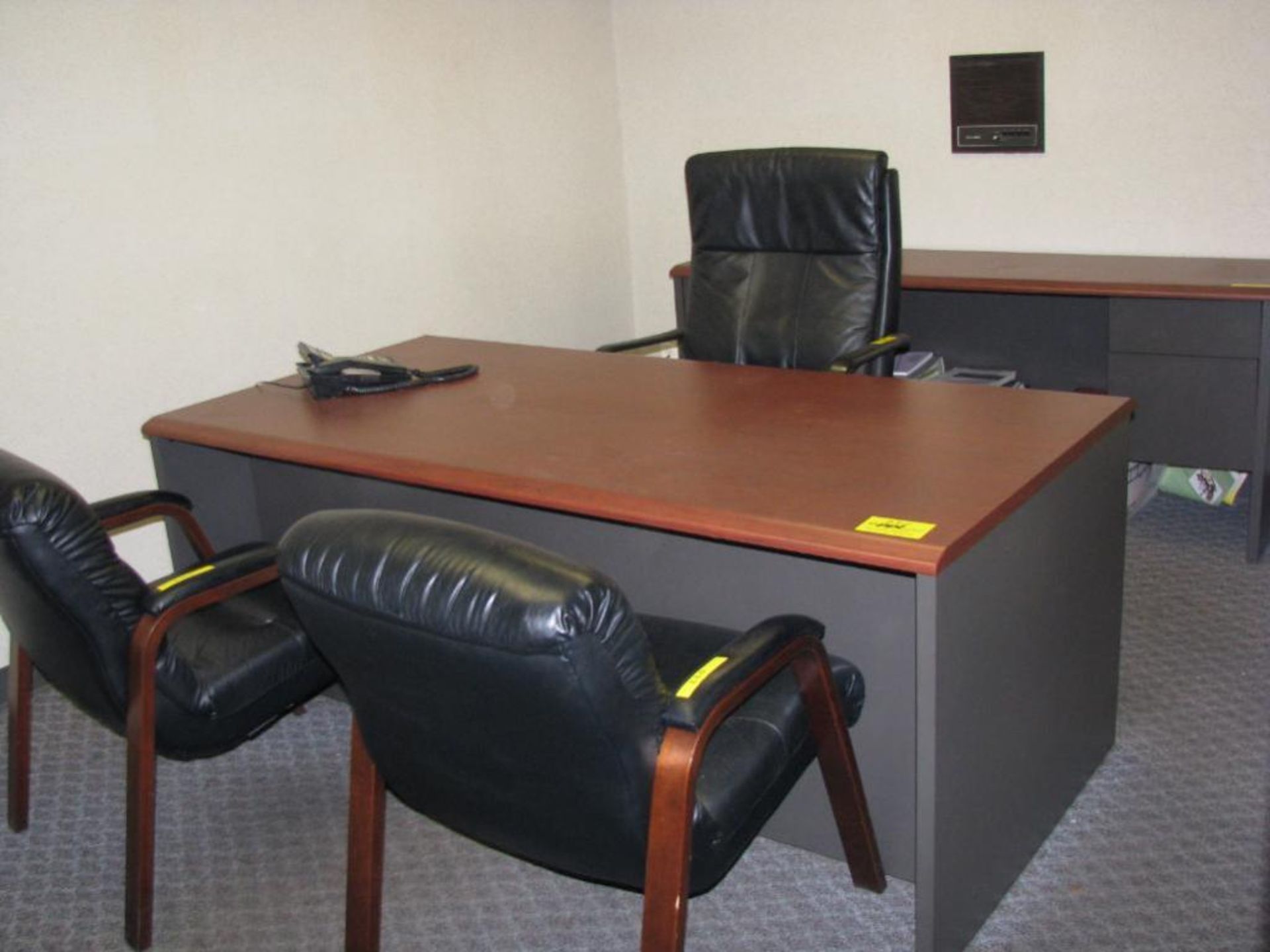 LOT: (1) Desk, (1) Credenza, (3) Black Chairs