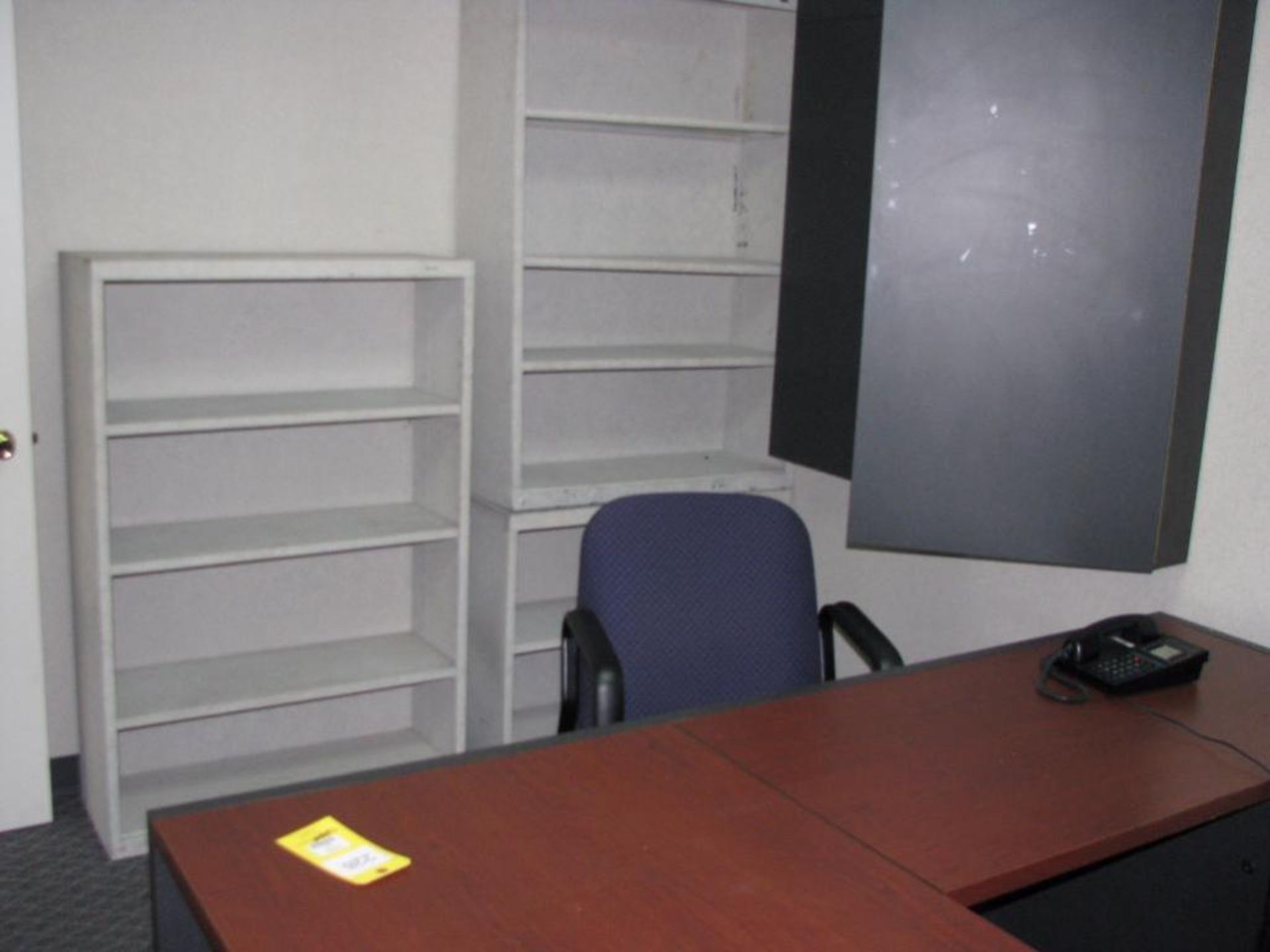 LOT: (1) Desk with Return, (1) Wall Mounted White Board, (2) Bookcases, (1) Chair, (1) 2-Drawer File - Image 2 of 2