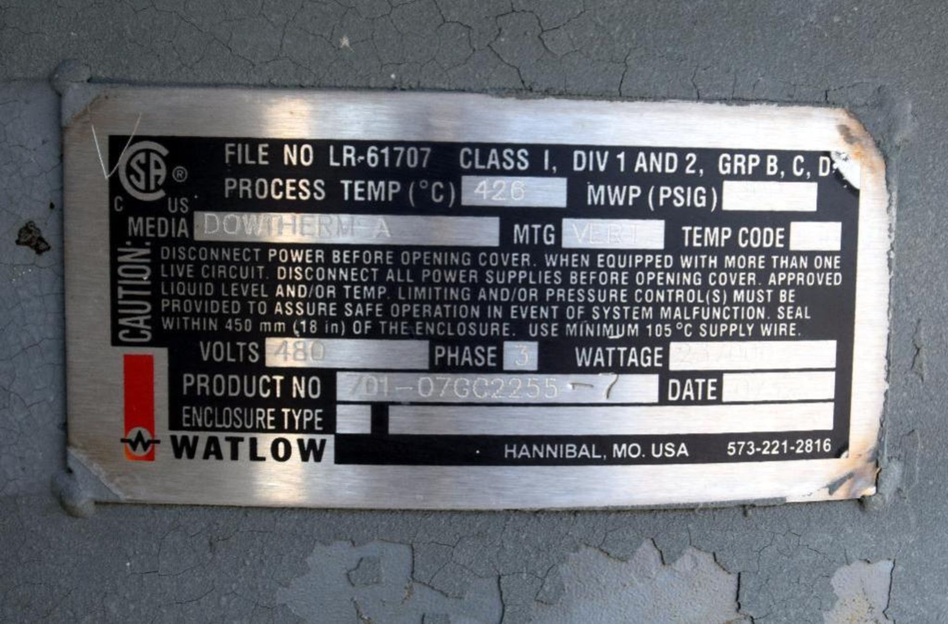 Watlow 237000 Watt Vertical Electric Heater. Media Dowtherm A, process temperature 426 degrees C., 3 - Image 4 of 4