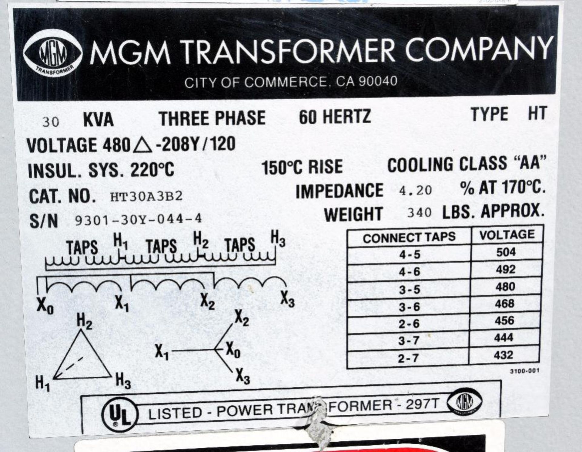 LOT: (2) Transformers. (1) MGM 30 KVA, Catalog# HT30A3B2, type HT, serial# 9301-30Y-044-4 & (1) Acme - Image 2 of 3