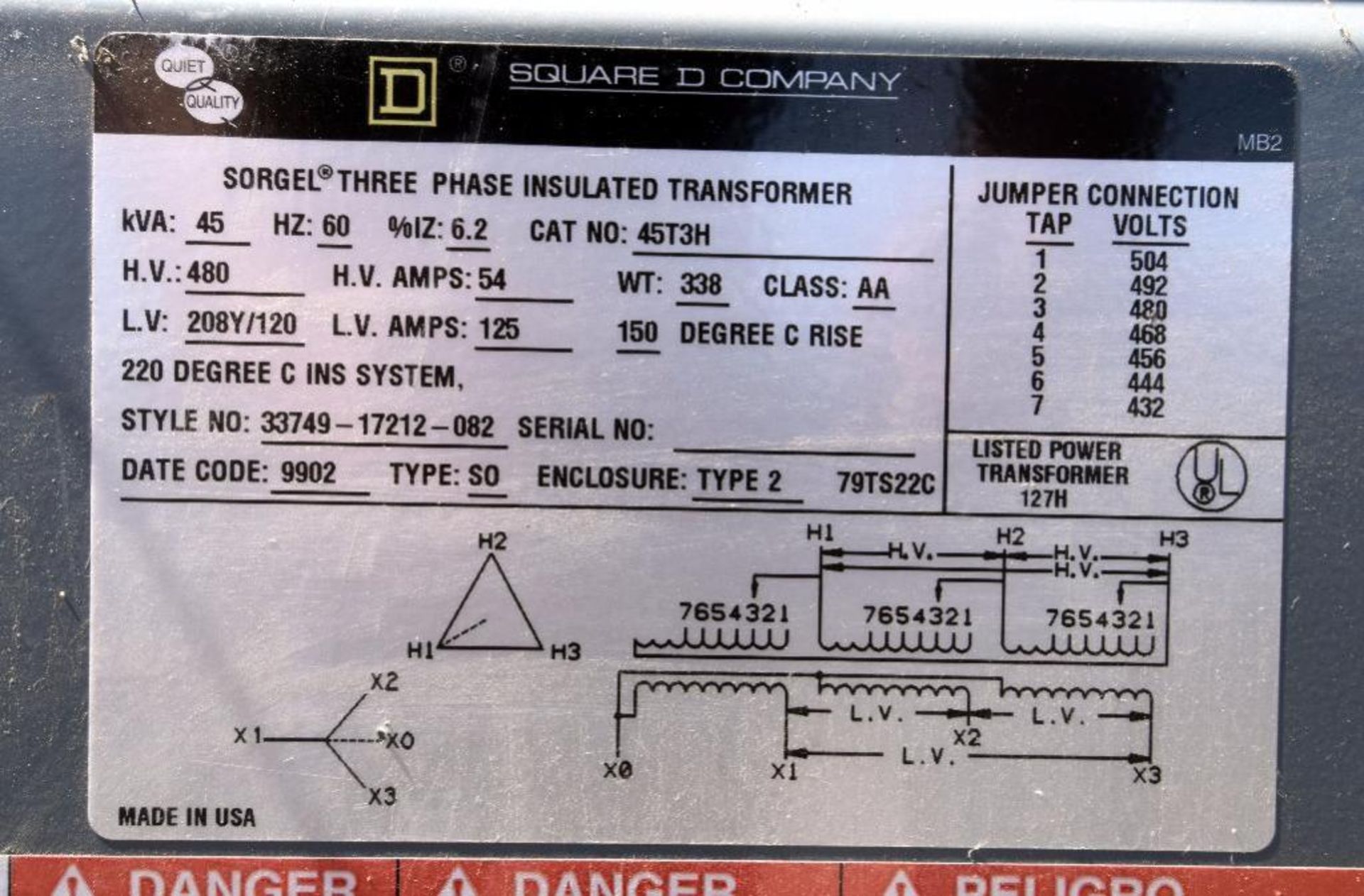 LOT: (1) Square D 45 KVA transformer, Catalog# 45T3H, style 33749-17212-082, date code 9902, type SO - Image 5 of 8