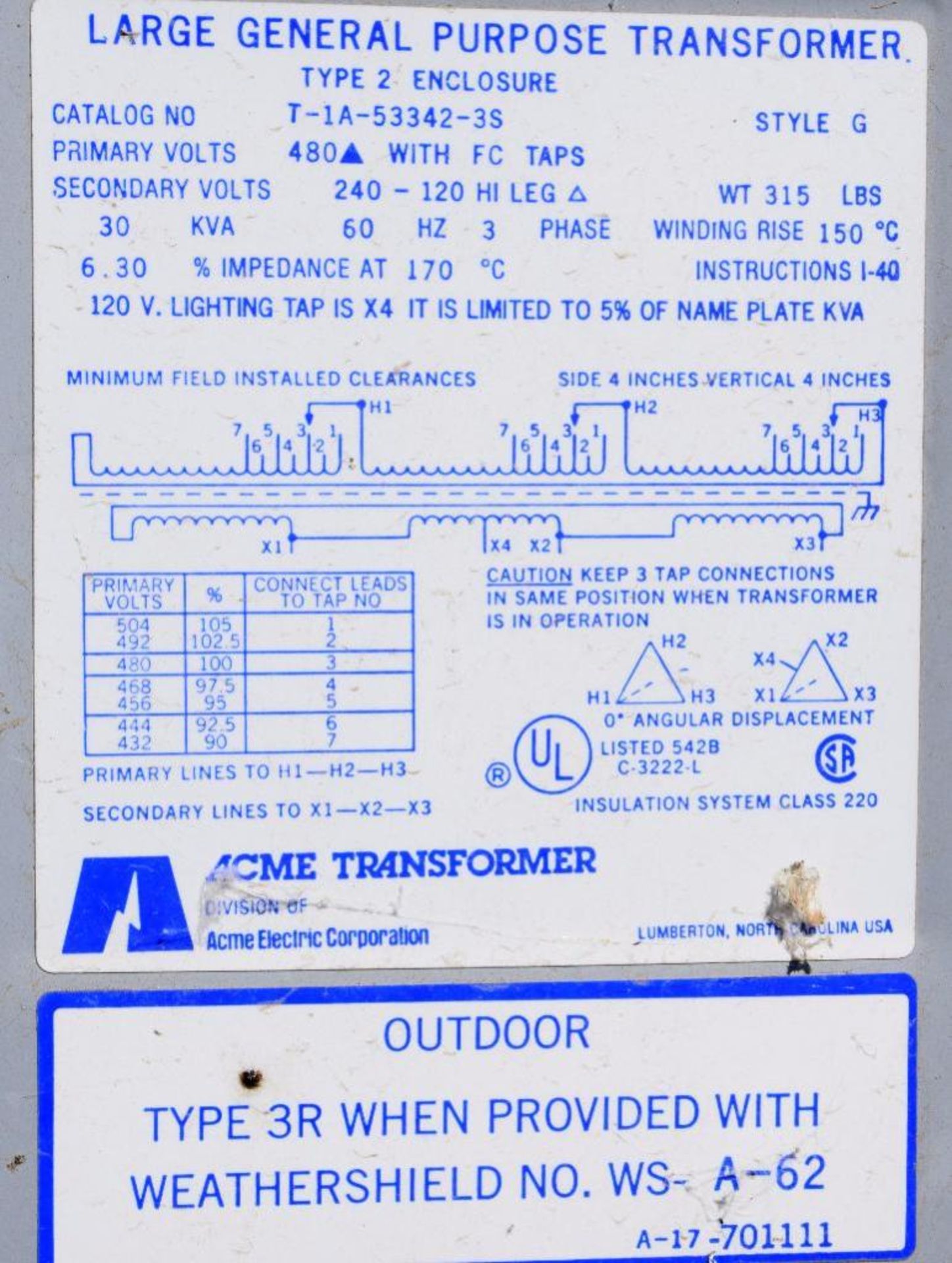 LOT: (2) Transformers. (1) MGM 30 KVA, Catalog# HT30A3B2, type HT, serial# 9301-30Y-044-4 & (1) Acme - Image 3 of 3