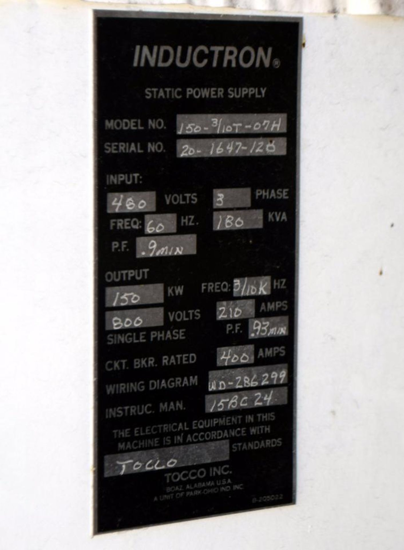 Tocco Inductron II Microprocessor control panel, model 150-3/10T-07H, serial# 20-1647-120. - Image 6 of 6