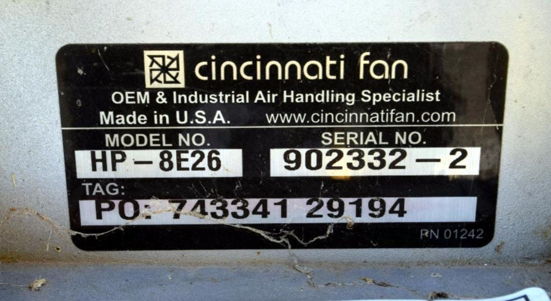 Cincinnati Fan High Pressure Blower, Model HP-8E26, Carbon Steel. Driven by a 10hp motor. Serial# 90 - Image 4 of 4