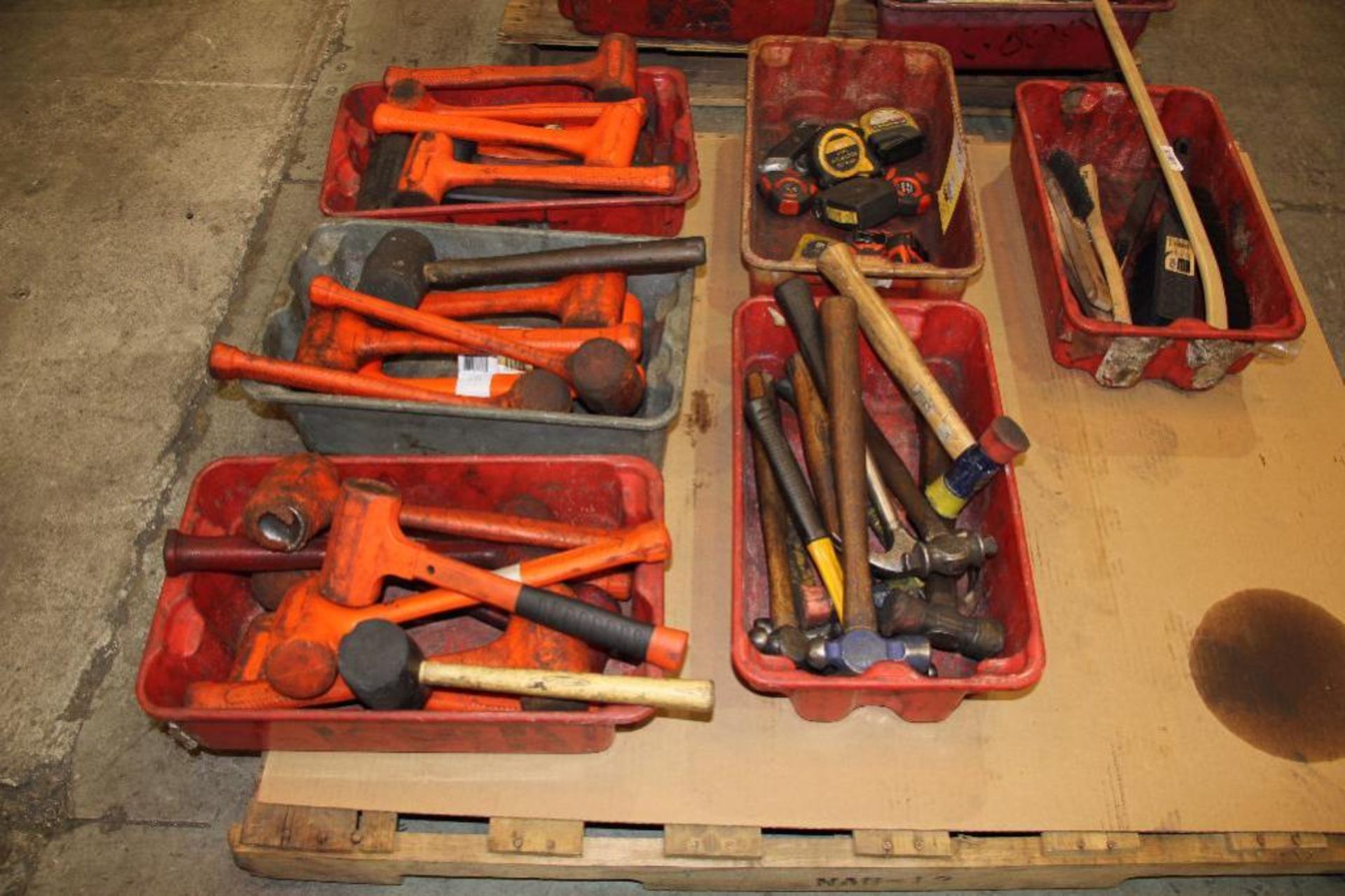 LOT: (6) Totes of Hammers, Measuring Tapes, Wire Brushes