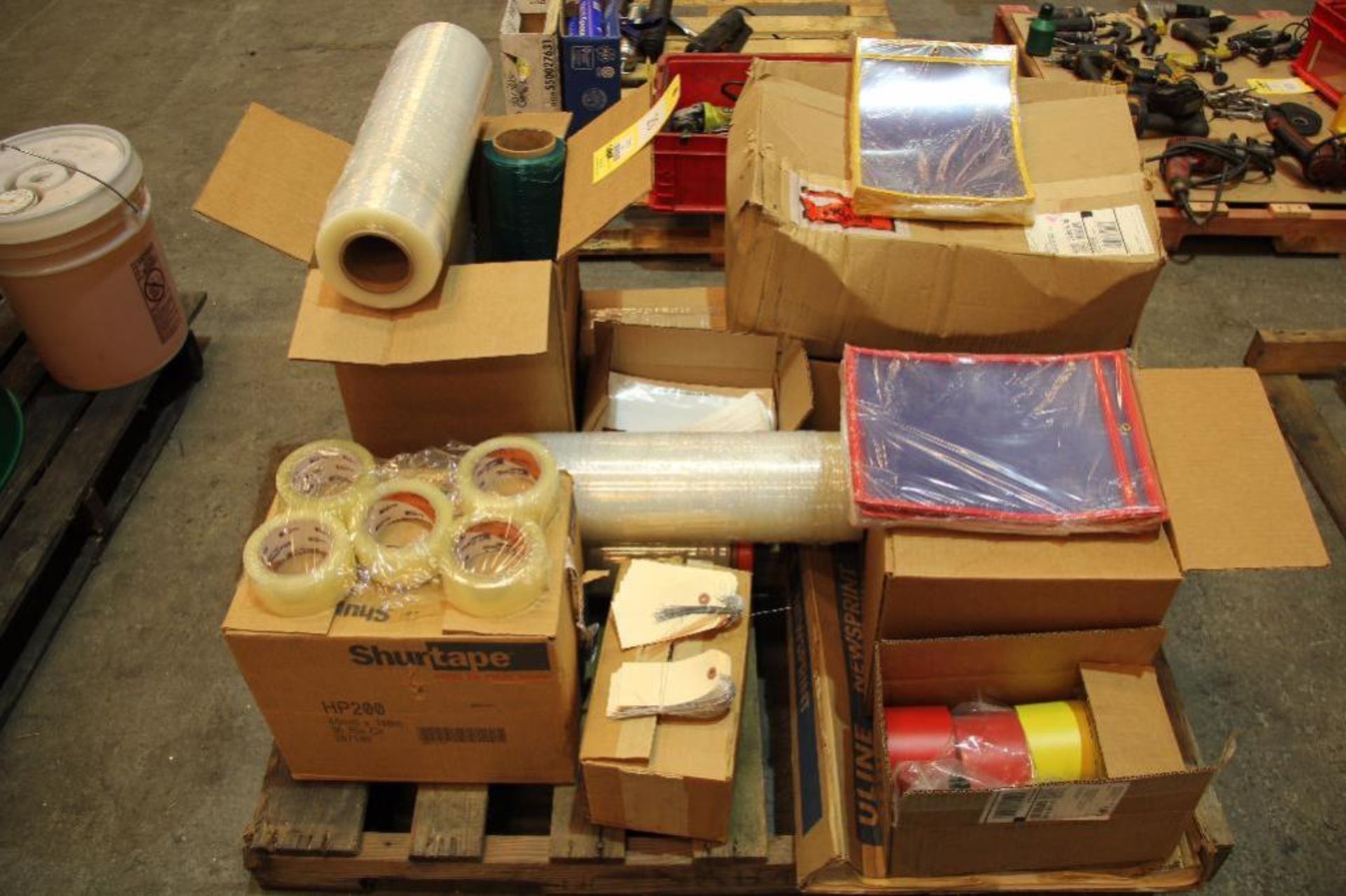 LOT: Packaging Supplies including Tape, Roll Plastic, Packing Slips, etc.