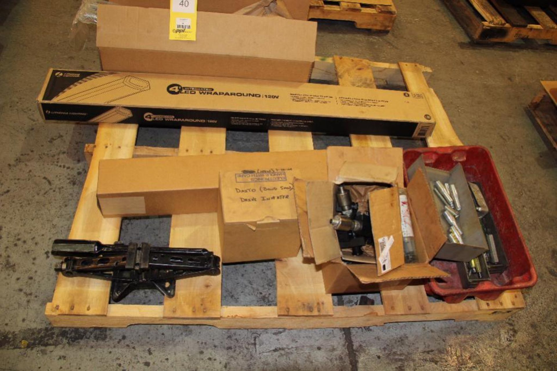 LOT: Car Scissor Jack, Lithonia 4 ft. Integrated LED Wrap Around, Accuride Sliding Brackets, etc.