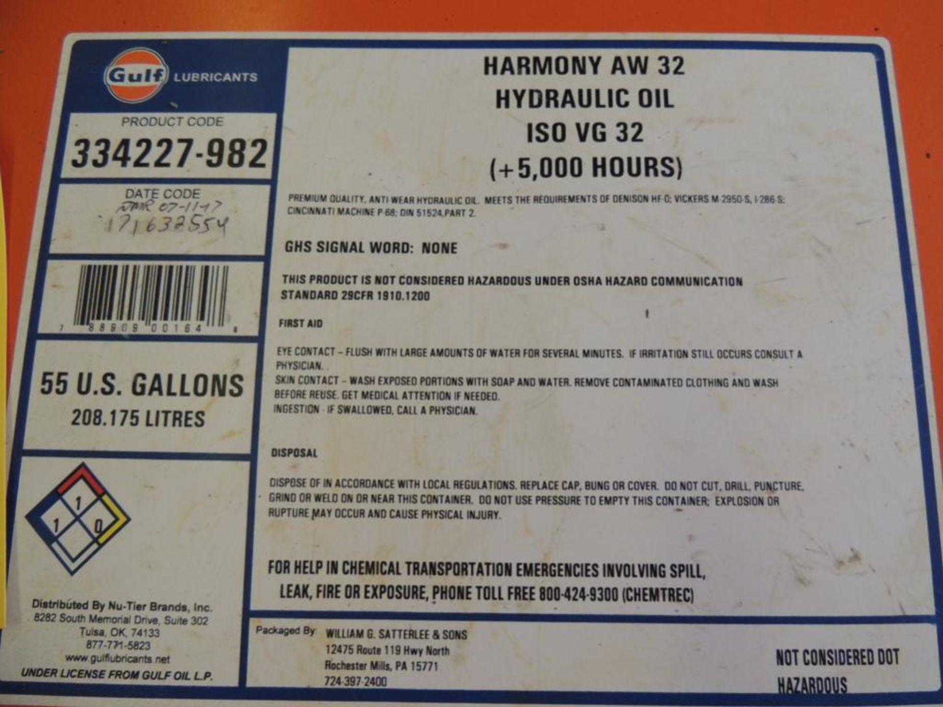 LOT: (1) 55 Gallon Drums Harmony AW 32W Hydraulic Fluid - Image 2 of 2