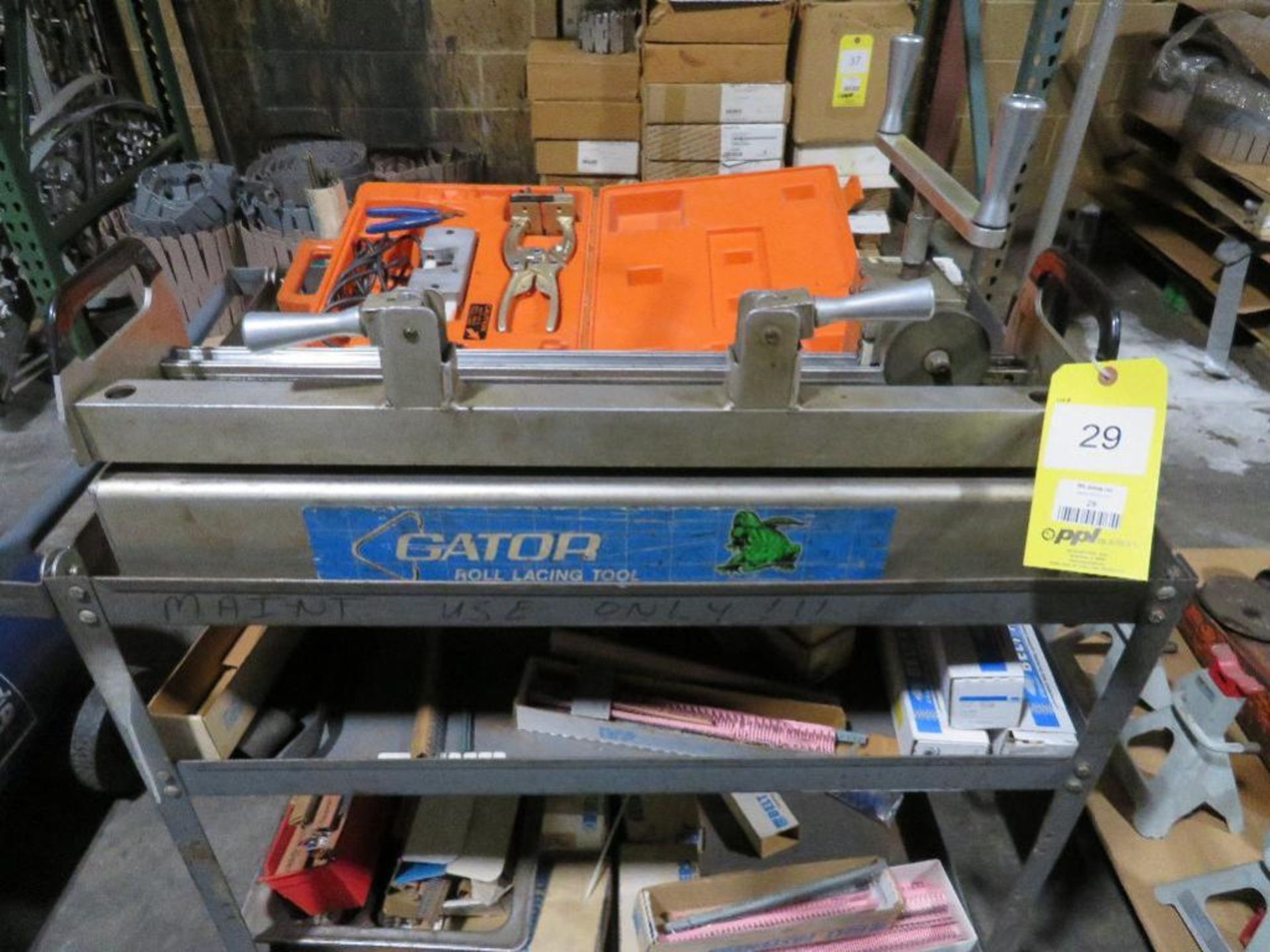 LOT: Gator Conveyor Belt Roll Lacing Tool, Eagle Splicing Kit & Assorted Belt Fasteners on Rolling C