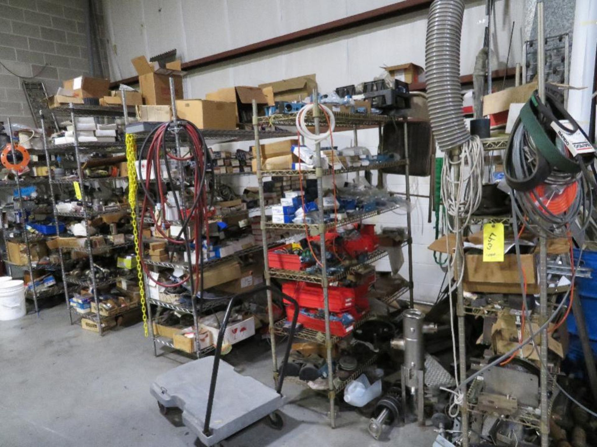 LOT: Steel Work Bench, Cabinets & Shelving Units with Contents of Hardware, Conveyor Parts, Electric - Image 2 of 2