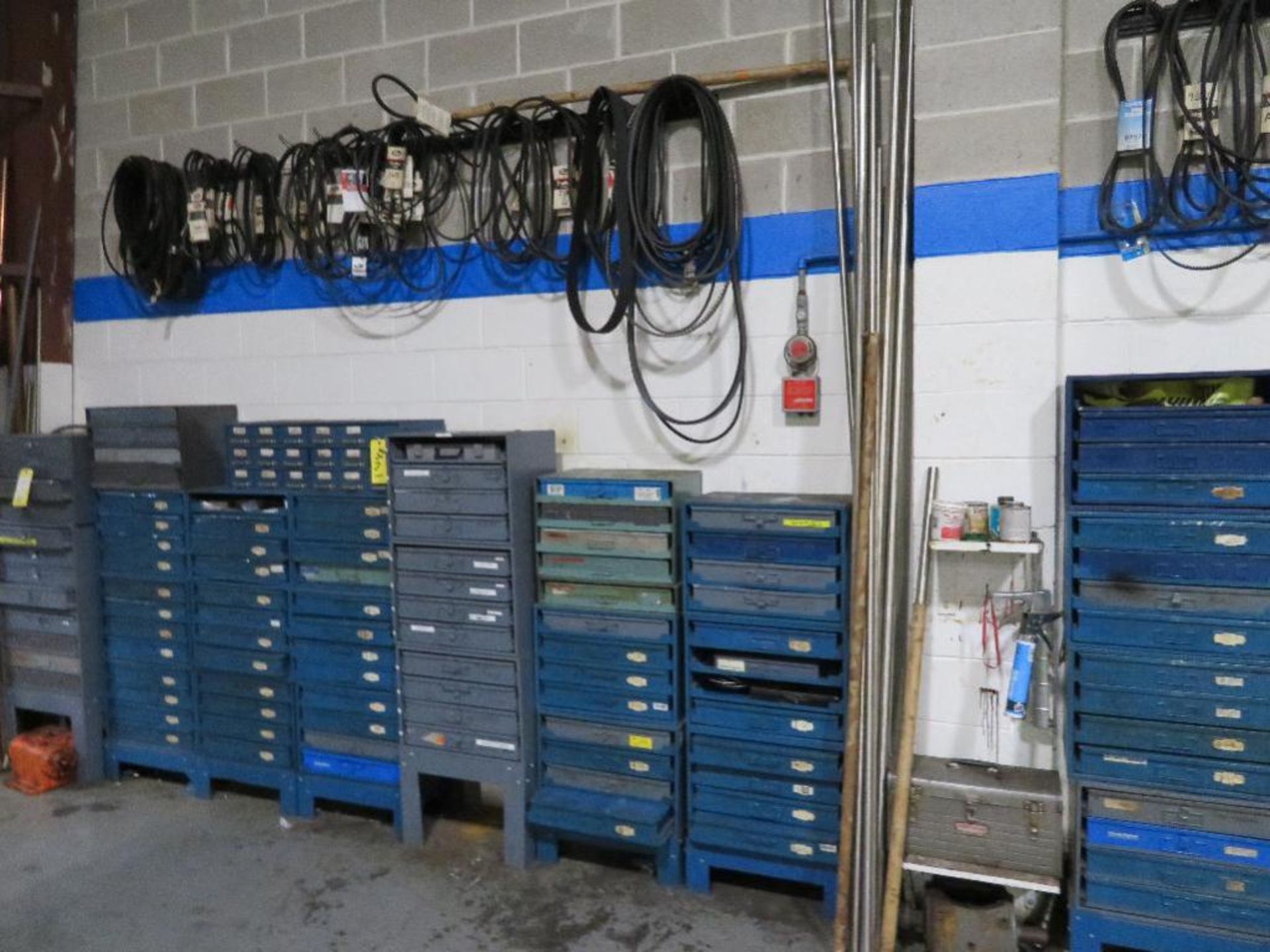 LOT: Work Bench with Vise, Large Quantity of Parts Indexes, Assorted Fasteners, V-Belts, Machinery B