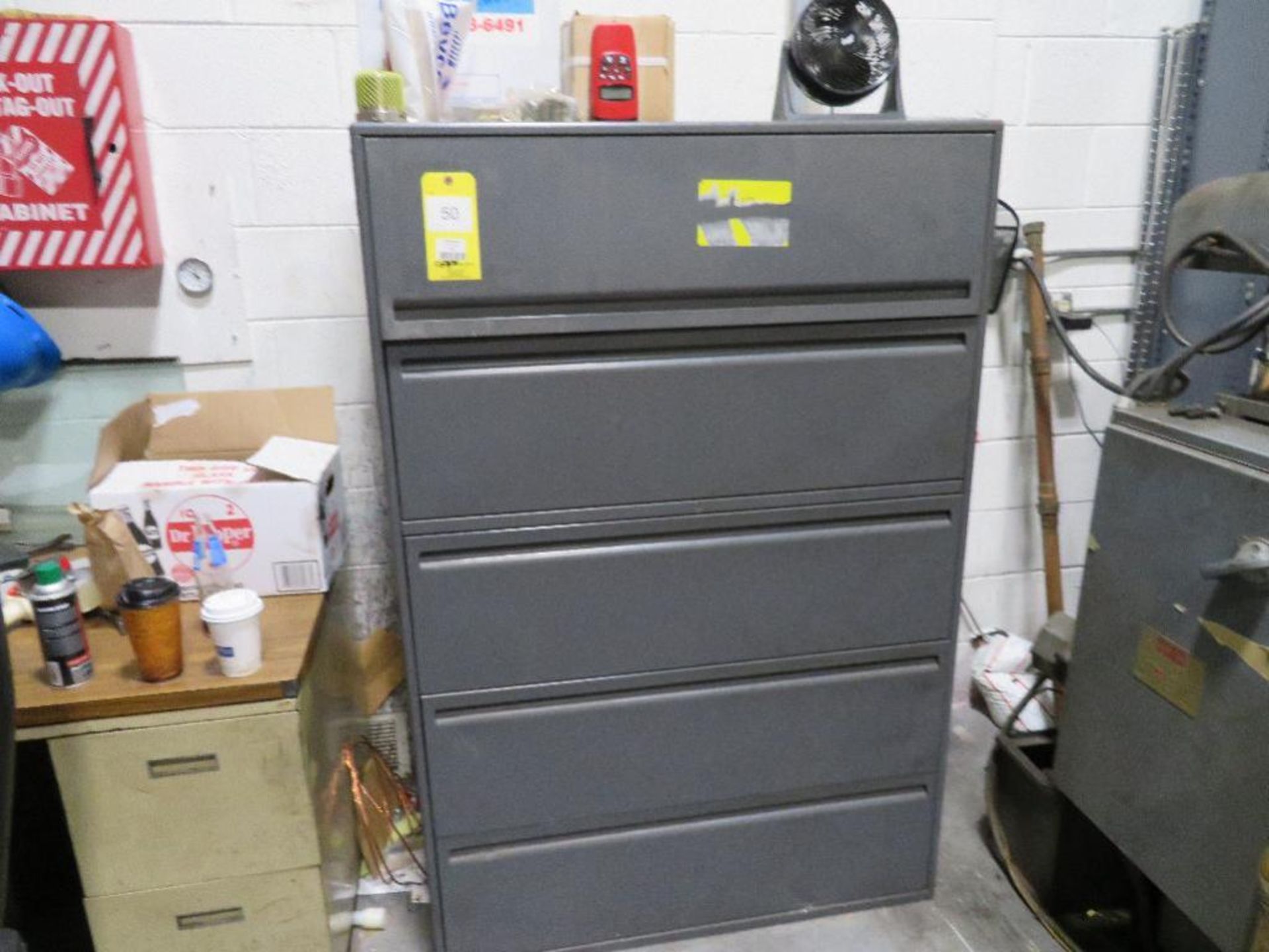 LOT: Desk, Lockers & File Cabinet with Contents of Gauges, Plumbing & Electrical Supplies, Valves, e