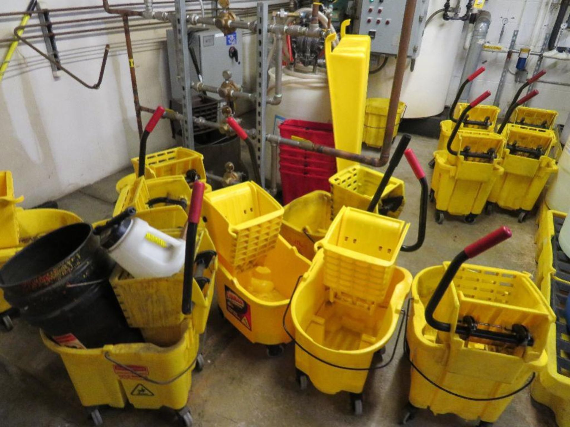 LOT: Approx. (12) Rubbermaid Mop Buckets & Caution Signs