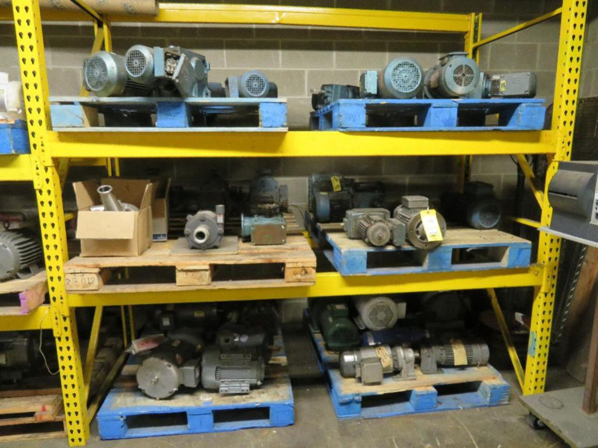 LOT: Contents of (1) Section Pallet Rack including Electric Motors, Pumps, Conveyor Drive Motors