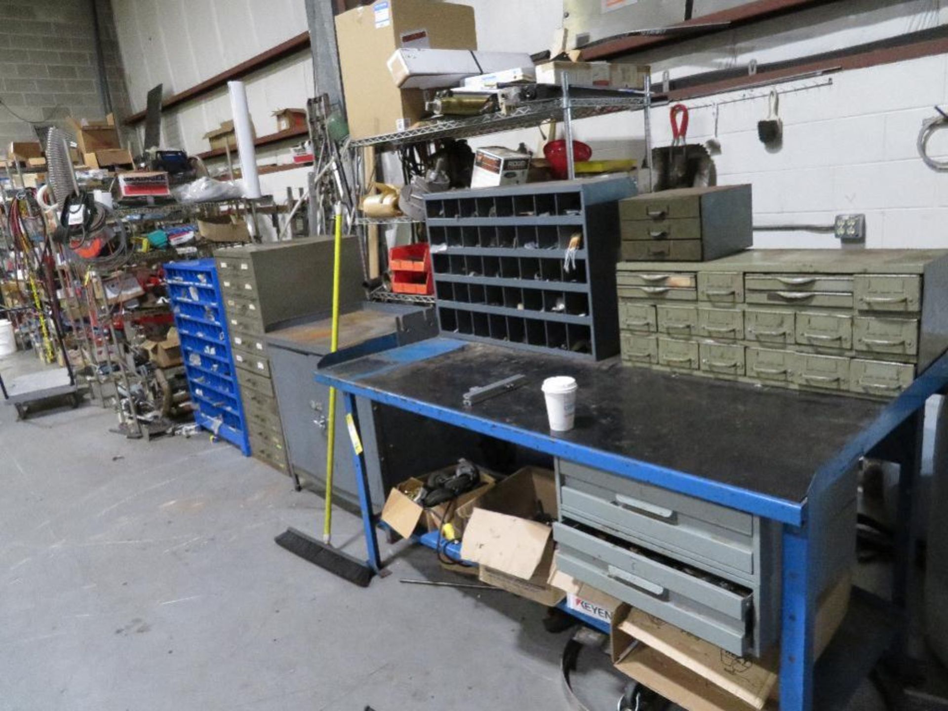 LOT: Steel Work Bench, Cabinets & Shelving Units with Contents of Hardware, Conveyor Parts, Electric